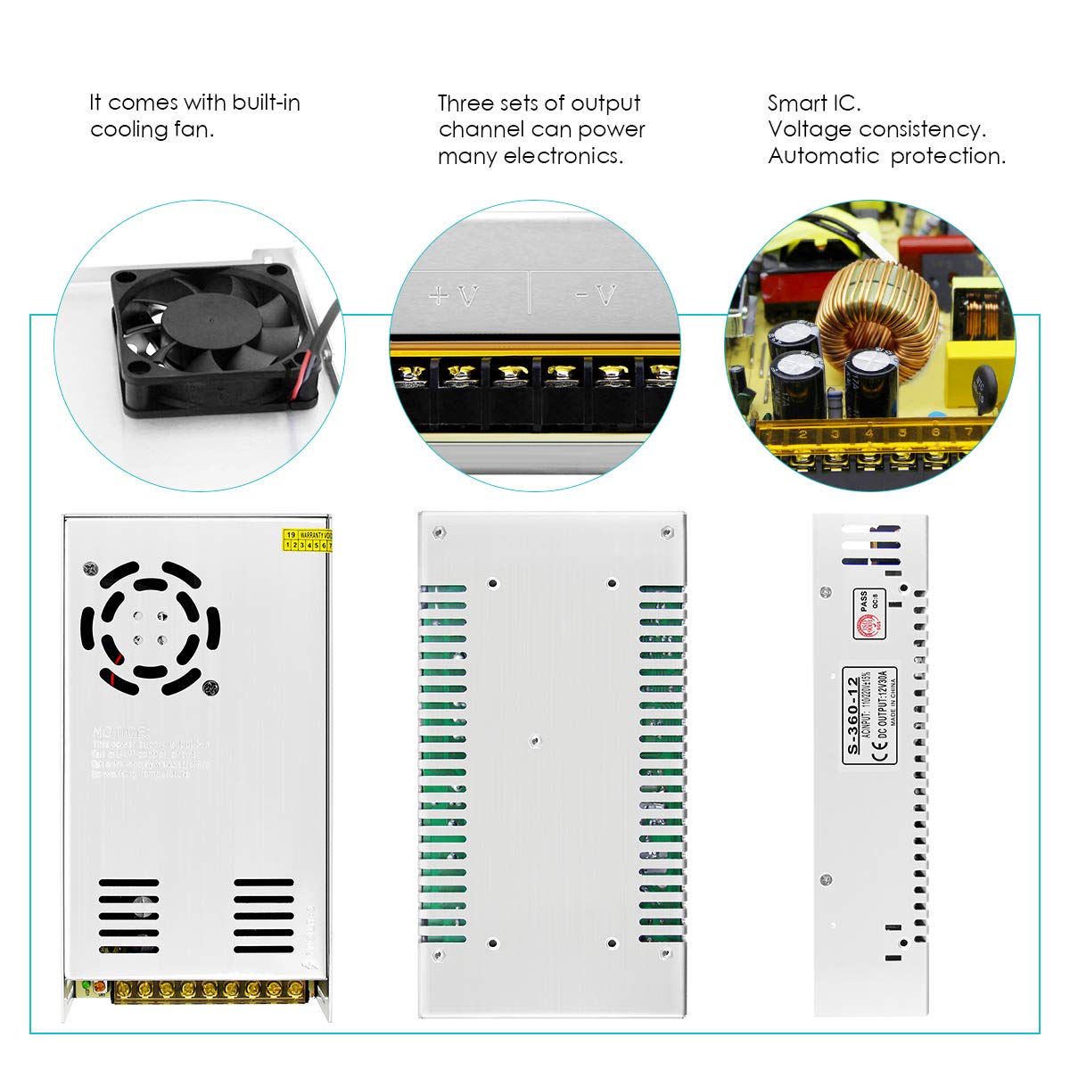 ACLorol 12V 30A 360W Universal Regulated Switching Power Supply - AC to DC Converter for LED Strip Lights, CCTV Cameras, Security Systems, Radios & Computer Projects - Perfect for Home, Office & DIY Electronics