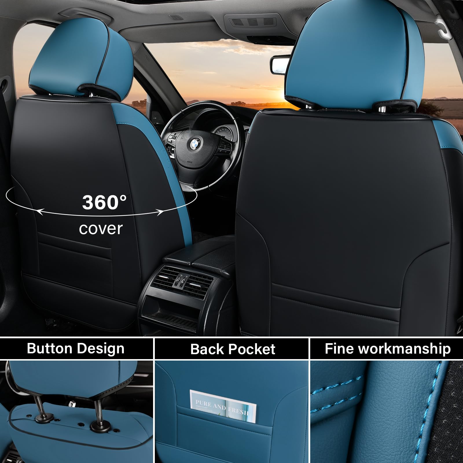 Breathable Faux Leather Car Seat Covers Full Set (5 Seats) - Universal Fit for Most Vehicles | Winter Protection & Comfort Cushion | Blue | Ideal for Daily Commute, Road Trips & Family Cars