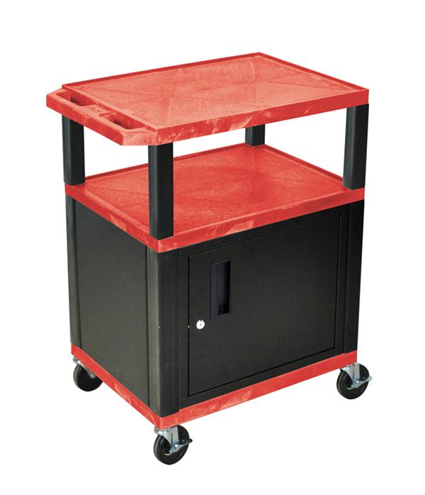 Luxor Tuffy Red 3-Shelf AV Cart with Nickel Legs, Storage Cabinet & Electric Outlet - Perfect for Home Theater, Classroom, and Office Media Storage
