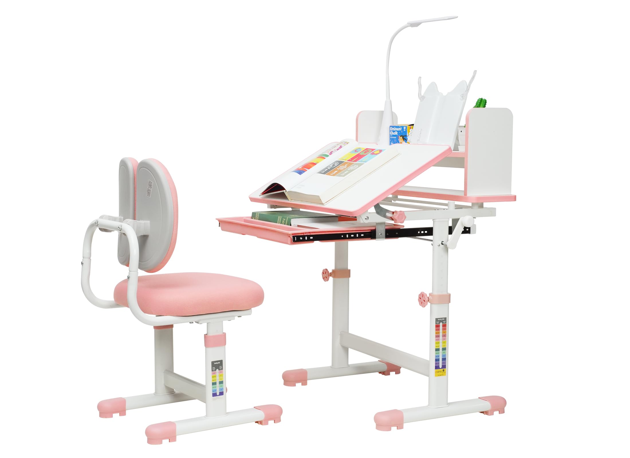 MOOITZ Adjustable Kids Desk and Chair Set with LED Lights, 60° Tilting Tabletop & Storage Drawers - Ergonomic Study Desk for Children, Pink - Perfect for Homework, Drawing, and Online Learning