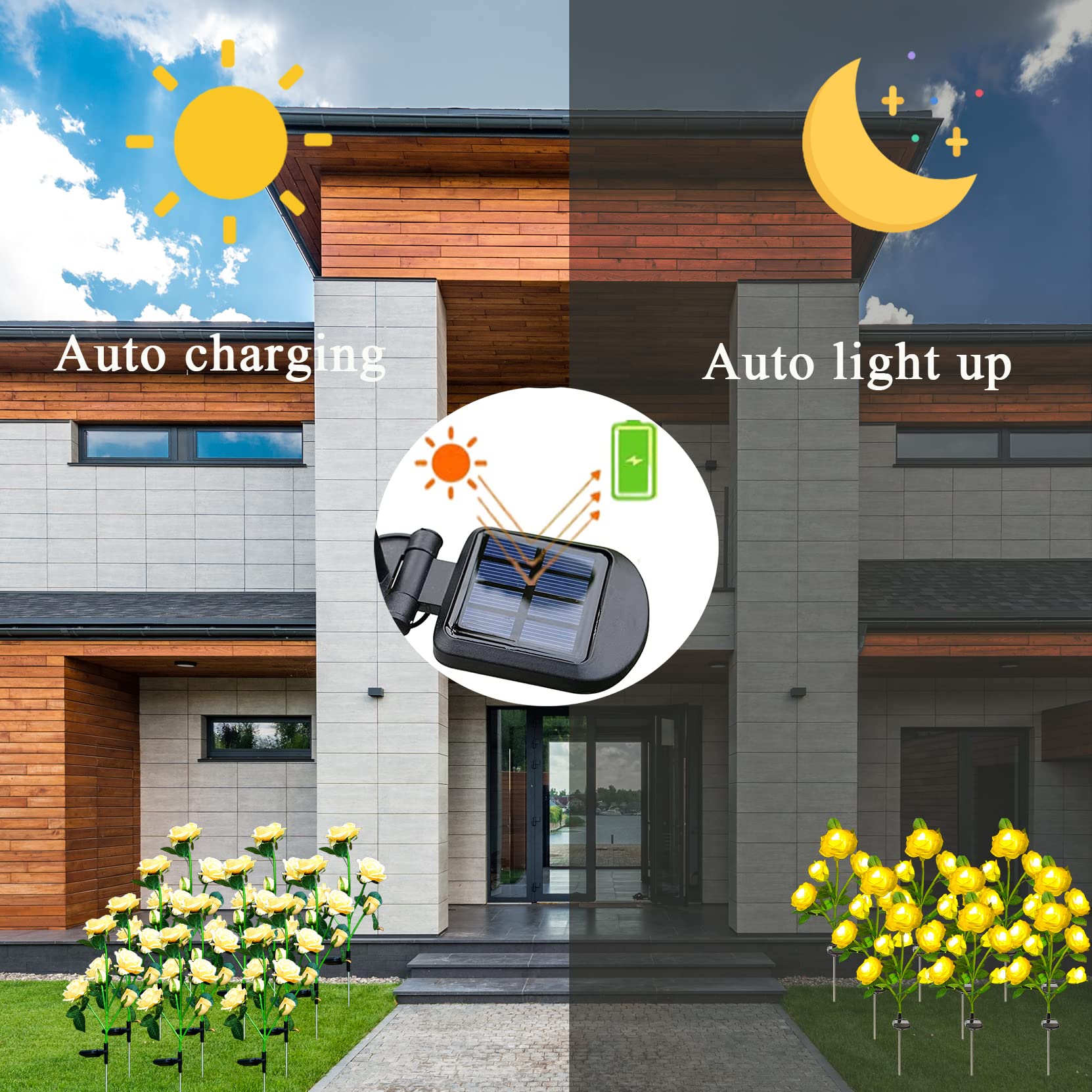 SmilingTown Solar Garden Stake Lights 2 Pack - 10 Rose Flowers Outdoor Solar Pathway Lights, Waterproof Landscape Lighting for Yard, Lawn, Pathway, Courtyard, Cemetery (Yellow) | Perfect for Evening Garden Decor & Memorial Tributes
