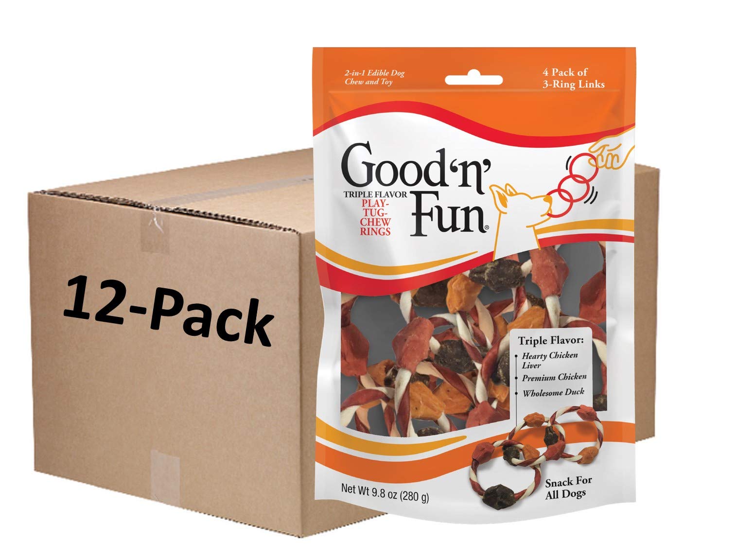 Good 'n' Fun Triple Flavor Play-Tug-Chew Rings Dog Treats - 4 Count, Natural Beef Hide & Chicken Flavored Chew Toys for Small, Medium & Large Dogs - Perfect for Training, Teething & Playtime
