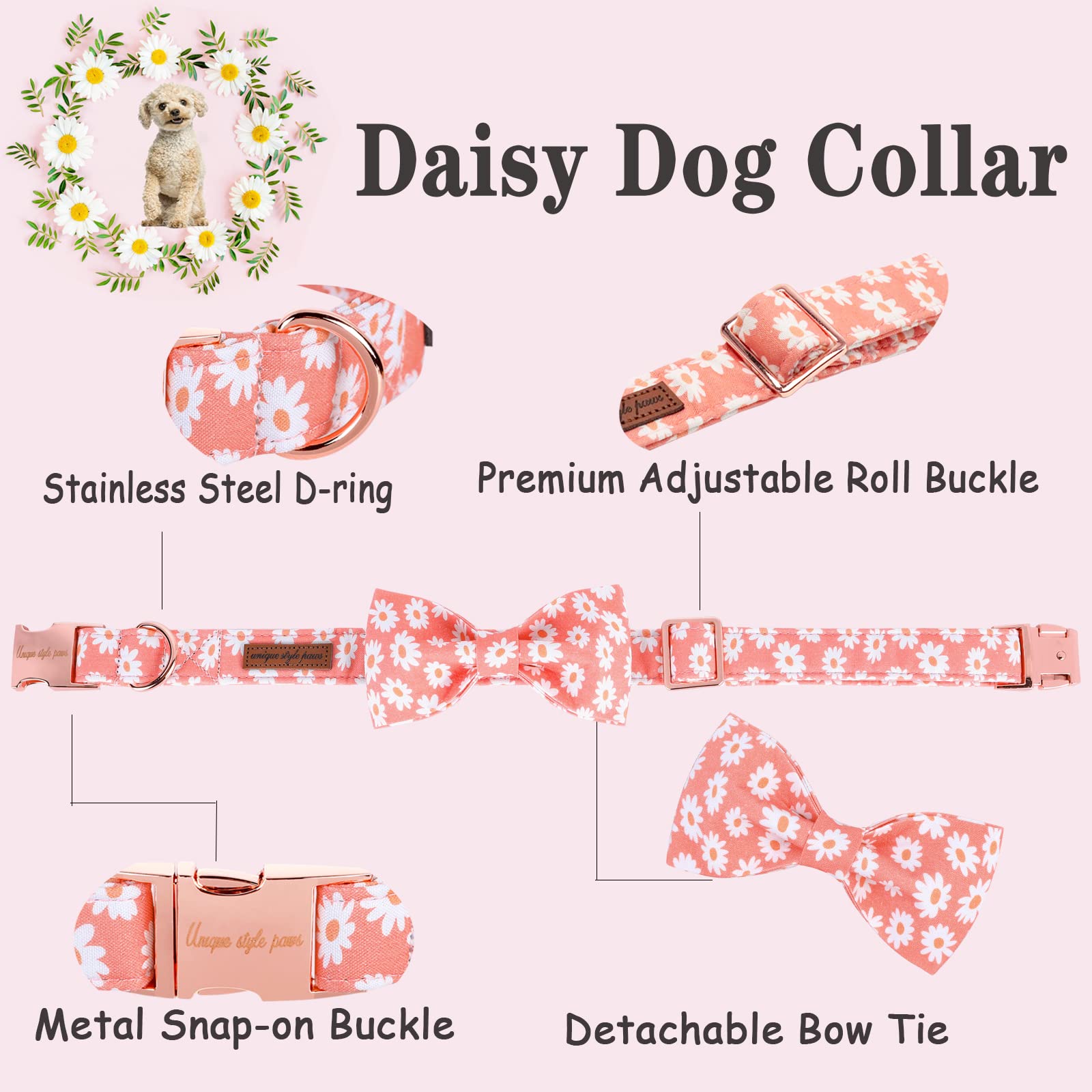 Stylish Pink Daisy Bow Tie Dog Collar with Adjustable Metal Buckle for Small, Medium & Large Dogs - Perfect for Summer Outings & Special Occasions