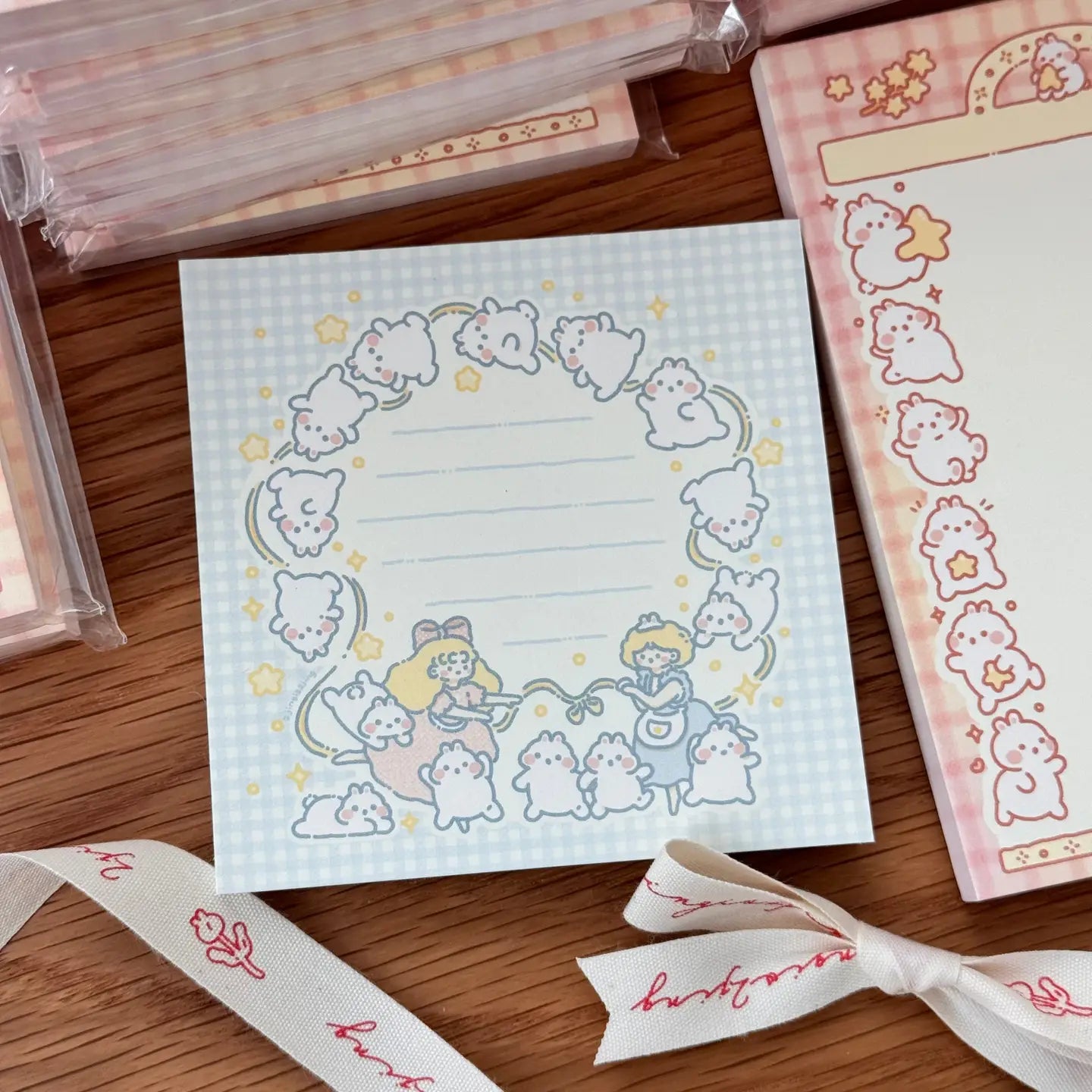 2 Pack Ribbon Bunny Wreath Memo Pads - Cute Floral Stationery for Home Office, Gift Wrapping & Spring Decorations