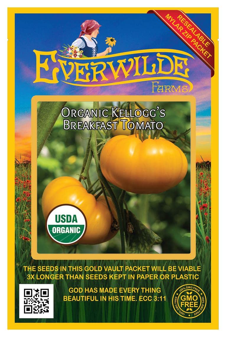 Organic Kellogg's Breakfast Heirloom Tomato Seeds - 25 Count - Non-GMO, Open-Pollinated - Perfect for Home Gardens, Canning & Fresh Eating - Gold Vault Packet by Everwilde Farms