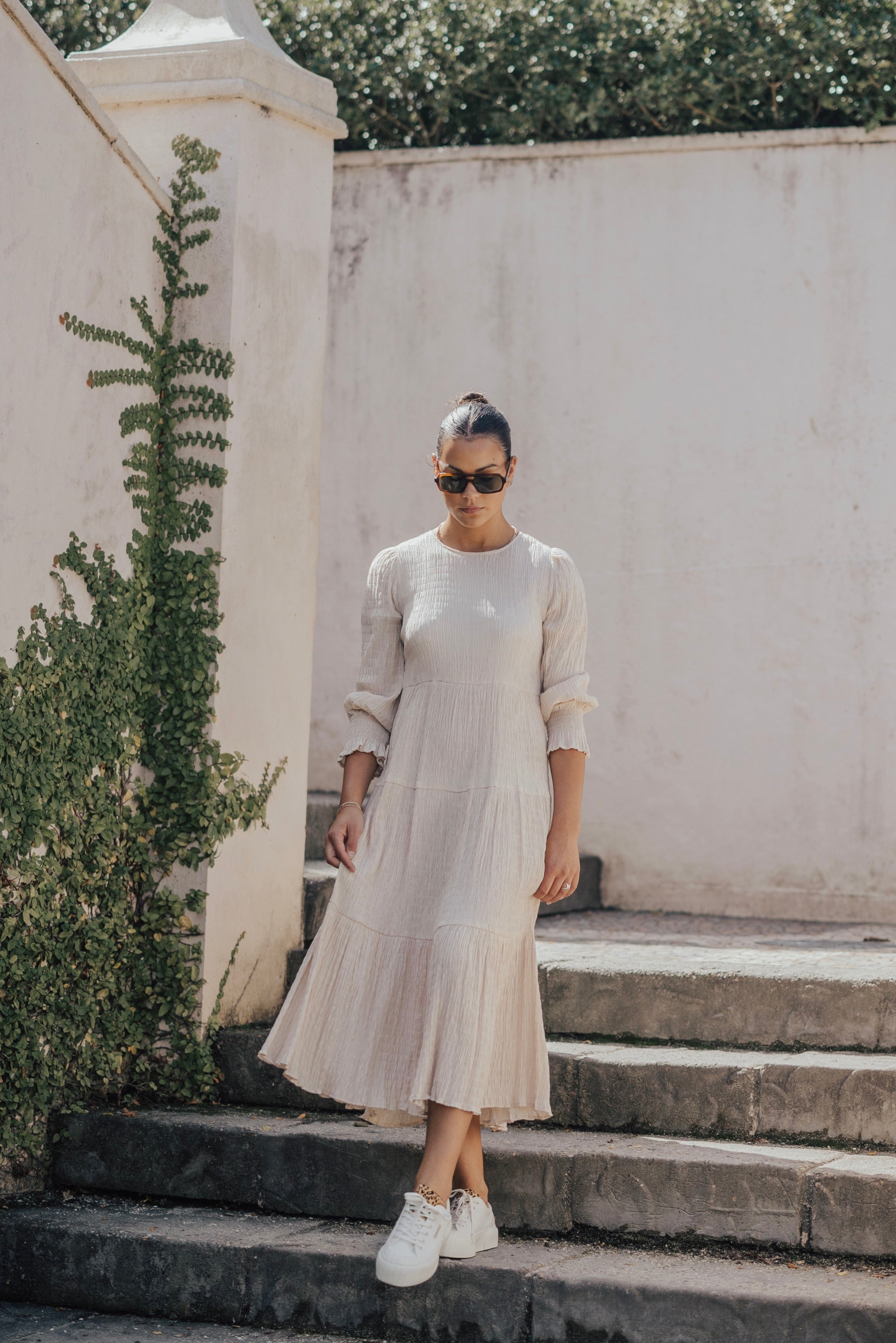 Effortless Ecru Long Sleeve Shirred Tiered Midi Dress for Women - Perfect for Casual Outings, Date Nights & Summer Weddings