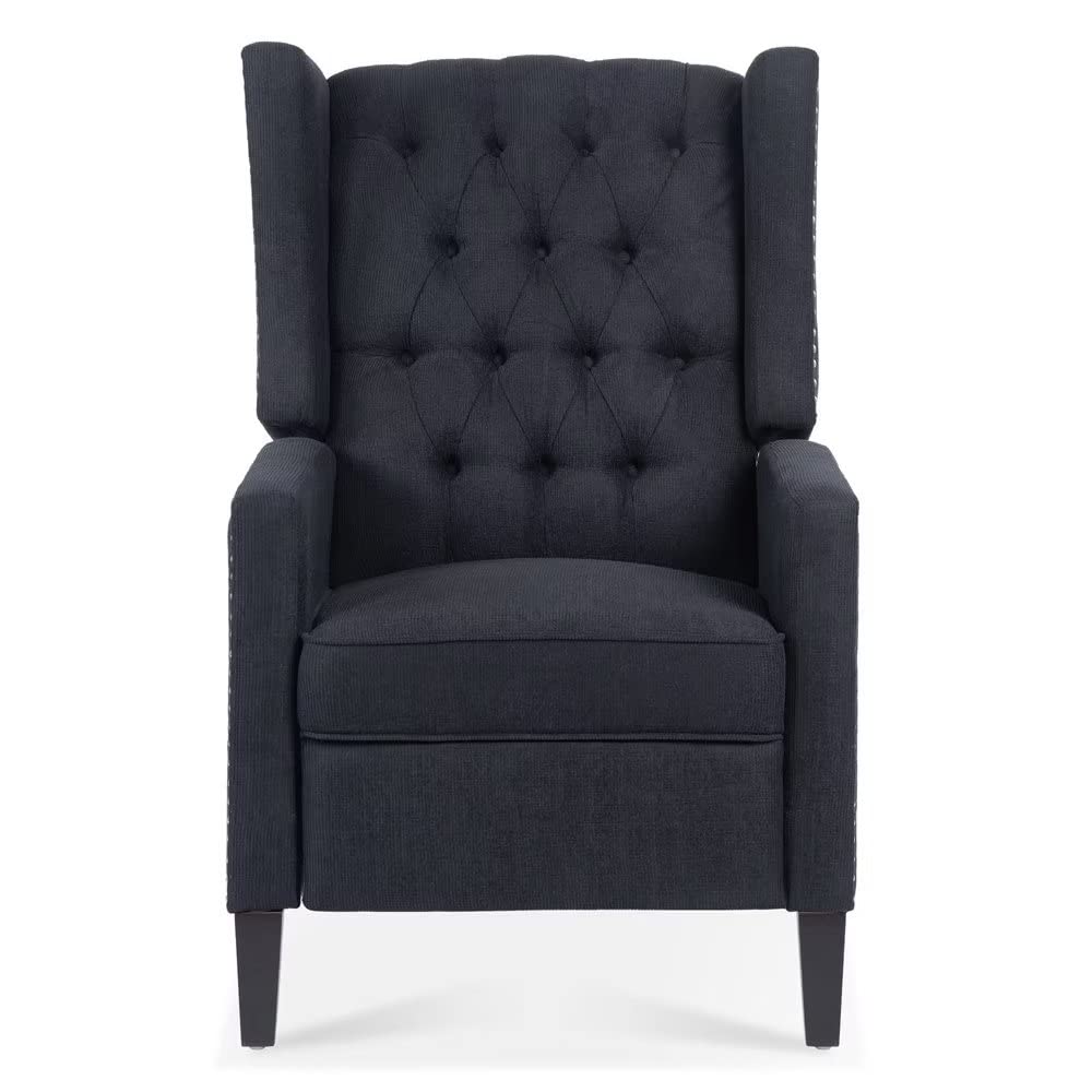 Modern Wingback Pushback Recliner Chair - Linen Upholstered Manual Recliner with Button Tufted Back, Nailhead Trim & Adjustable Backrest/Footrest - Single Sofa for Living Room, Home Theater & Relaxation (Black)