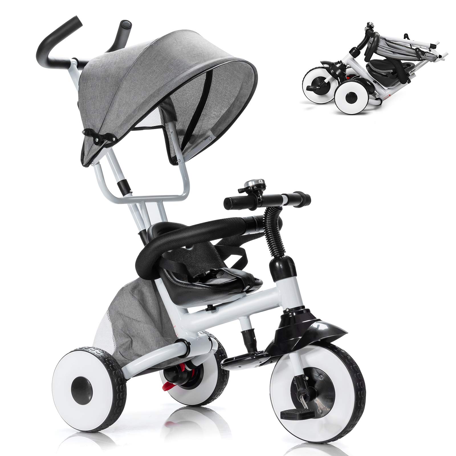 BABY JOY Foldable Toddler Tricycle with Adjustable Parent Handle, Canopy & Storage Bag - Safe Push Trike Stroller for Kids 1-5 Years (Boys & Girls) - Perfect for Park Rides, Outdoor Adventures & Family Walks