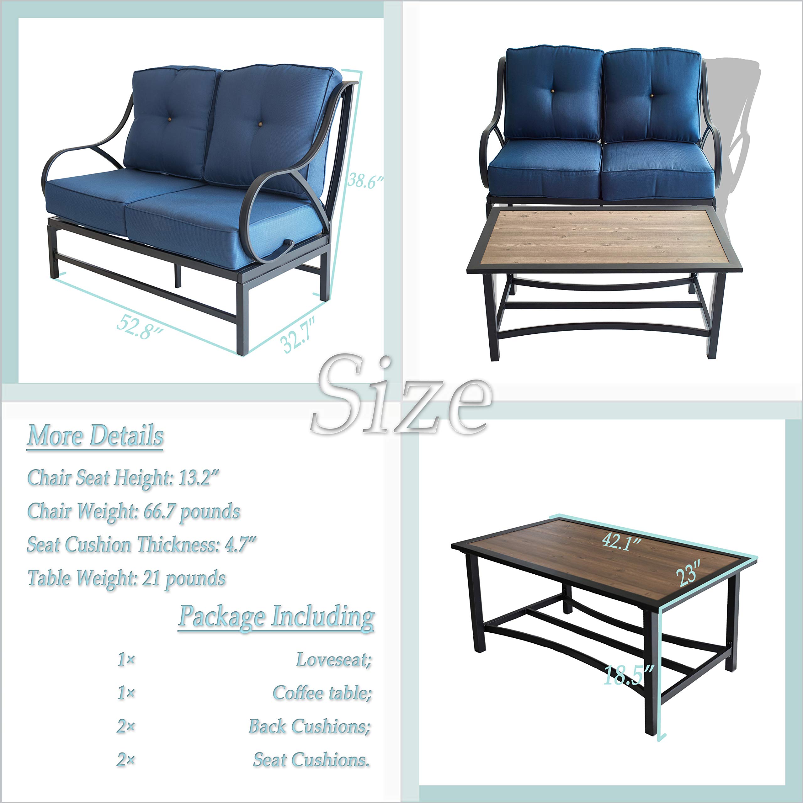 Modern Outdoor Loveseat Set with Coffee Table - 2-Piece Patio Furniture with Cushions, Metal Frame & Aluminum-Plastic Table - Perfect for Front Porch, Garden, Poolside & Backyard Relaxation (Blue)