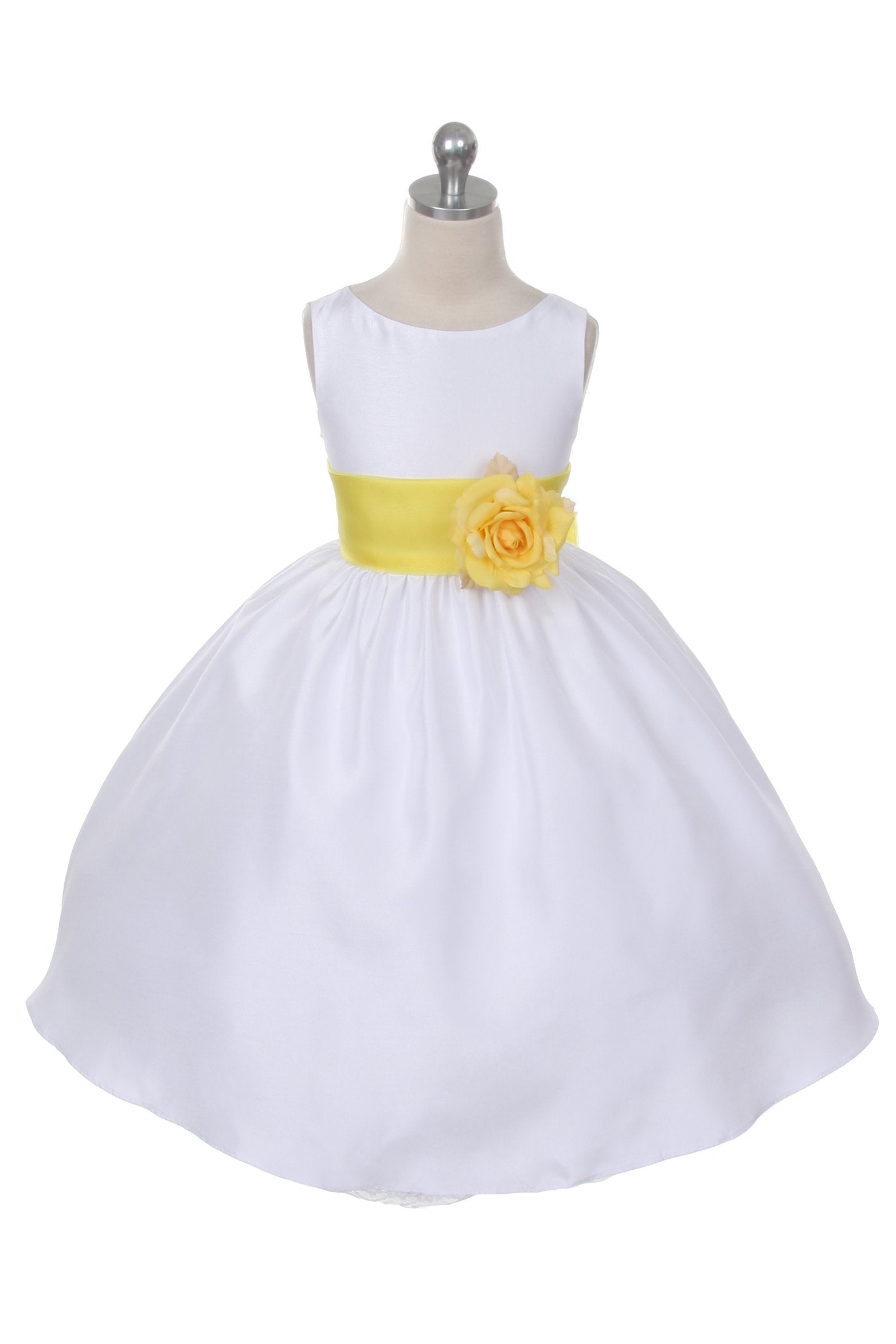 Ivory Classic Poly Silk Girls Dress with Organza Sash - Elegant Flower Girl Dress for Weddings, Parties & Special Occasions