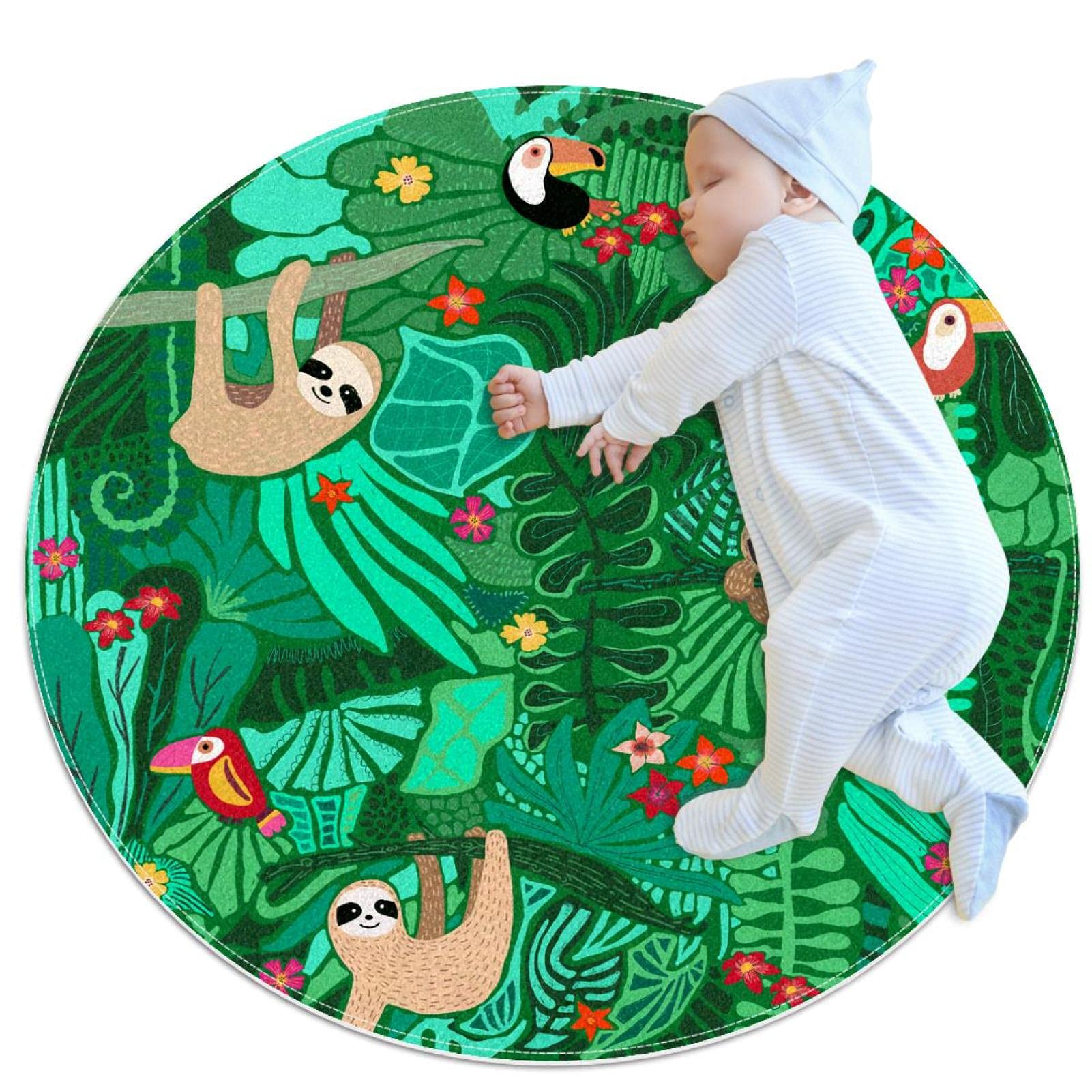 Non-Slip Sloth Tropical Green Round Area Rug - Soft Polyester Floor Mat for Kids Room, Bathroom, Living Room & Bedroom - Perfect for Playrooms, Nursery Decor and Cozy Home Spaces
