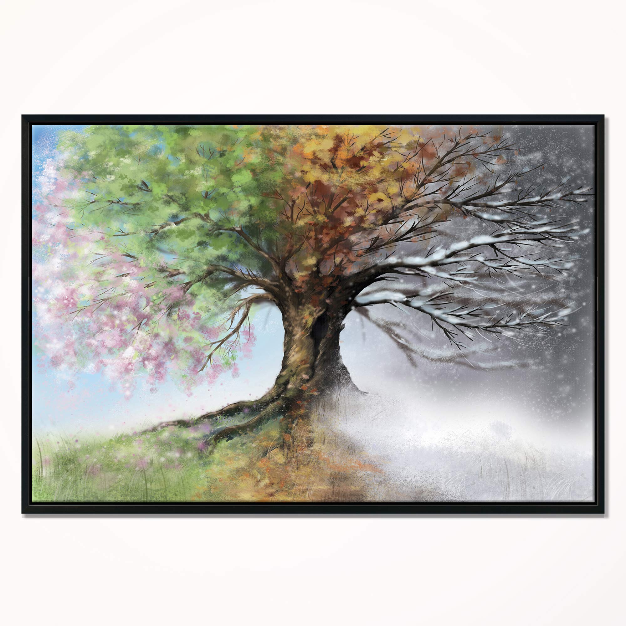 DesignArt Four Seasons Tree Painting - Framed Canvas Wall Art Print for Living Room, Bedroom & Office Decor