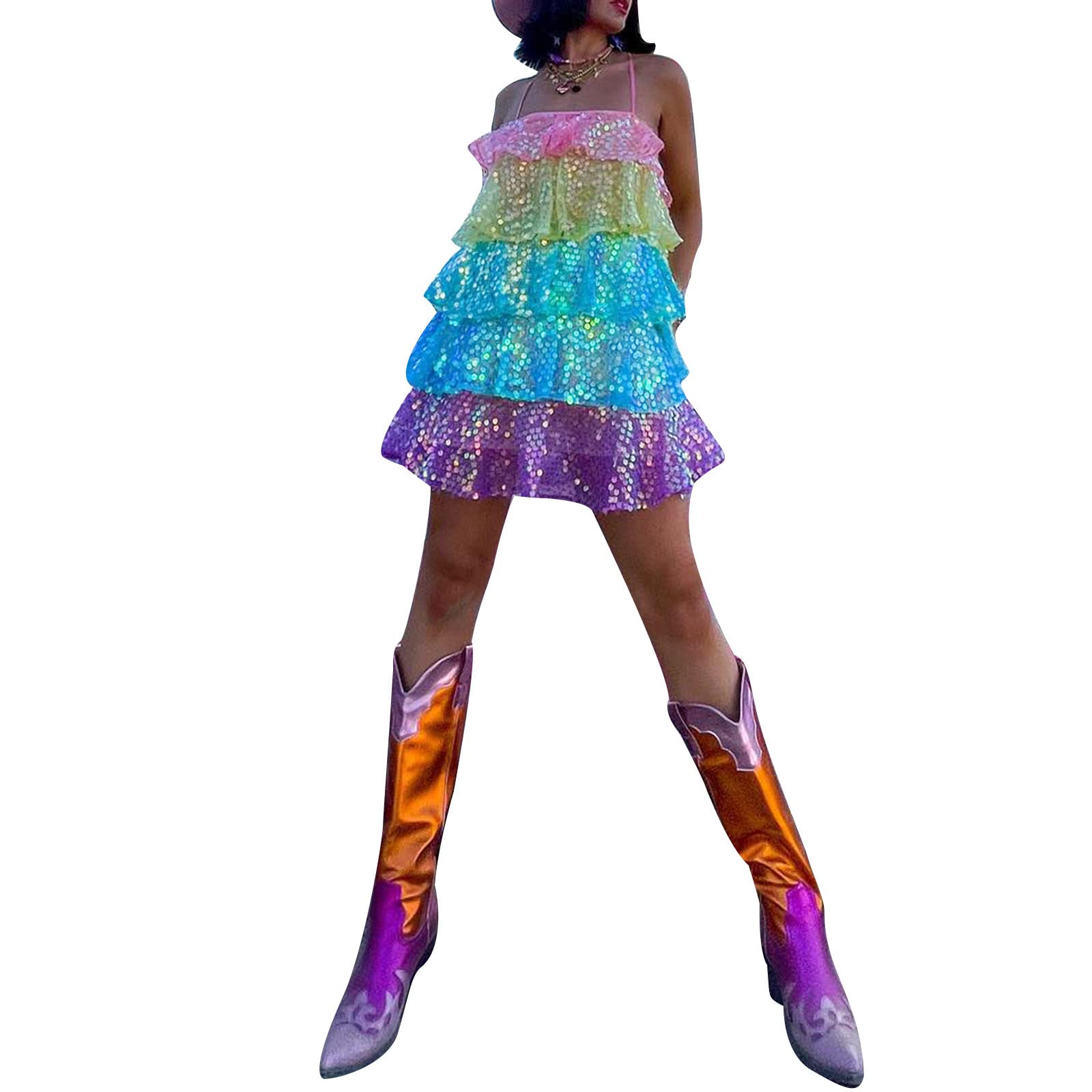 Women's Sequin Rainbow Mini Dress - Sleeveless Layered Sexy Short Dress with Tie Back | Sparkly Swing Dress for Y2K Streetwear | Perfect for Parties, Clubbing & Festivals