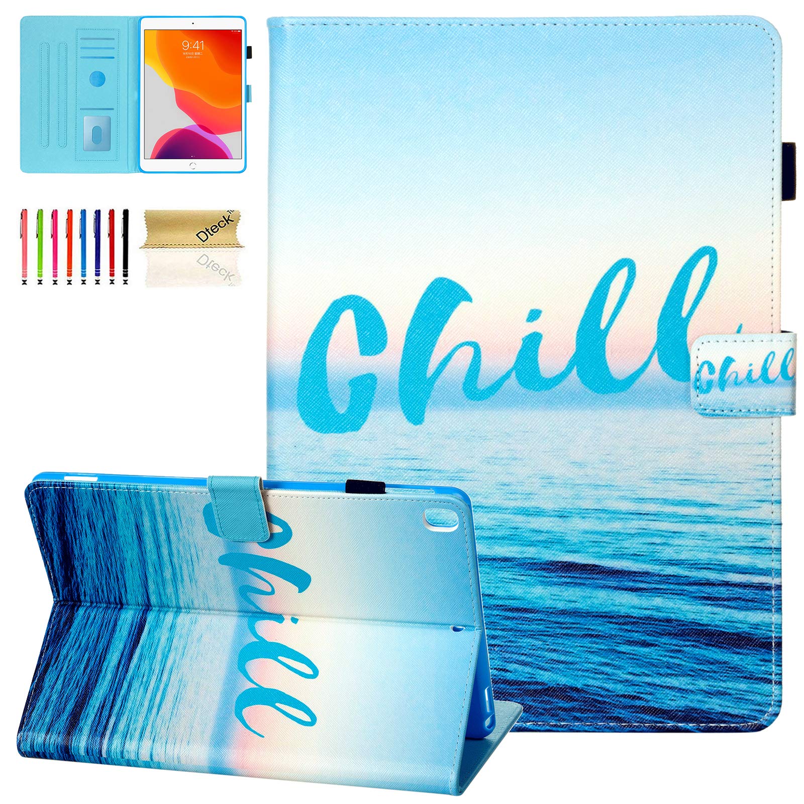 Dteck Slim Premium PU Leather Case for iPad 9th/8th/7th Gen (10.2 inch 2021/2020/2019 Models) - Auto Wake/Sleep Folio Stand Cover with Apple Pencil Holder | Perfect for Work, Study & Travel | Chill Sea Design