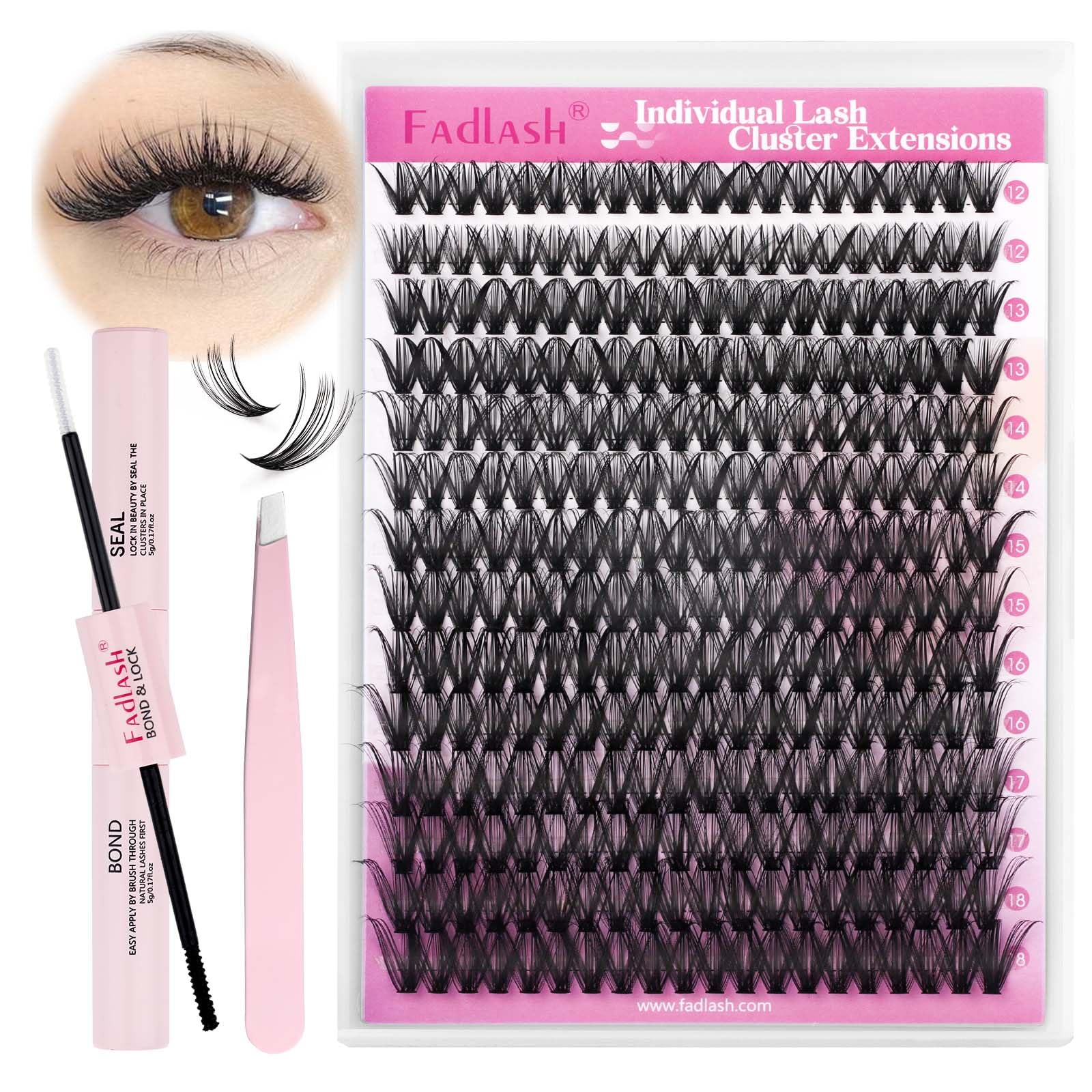 FADLASH DIY Eyelash Extension Kit - Individual Cluster Lashes D Curl with Lash Glue, Sealant & Applicator Tool for Home Use (40D-0.07D-12-18MIX) - Perfect for Bridal Makeup, Parties & Everyday Glam