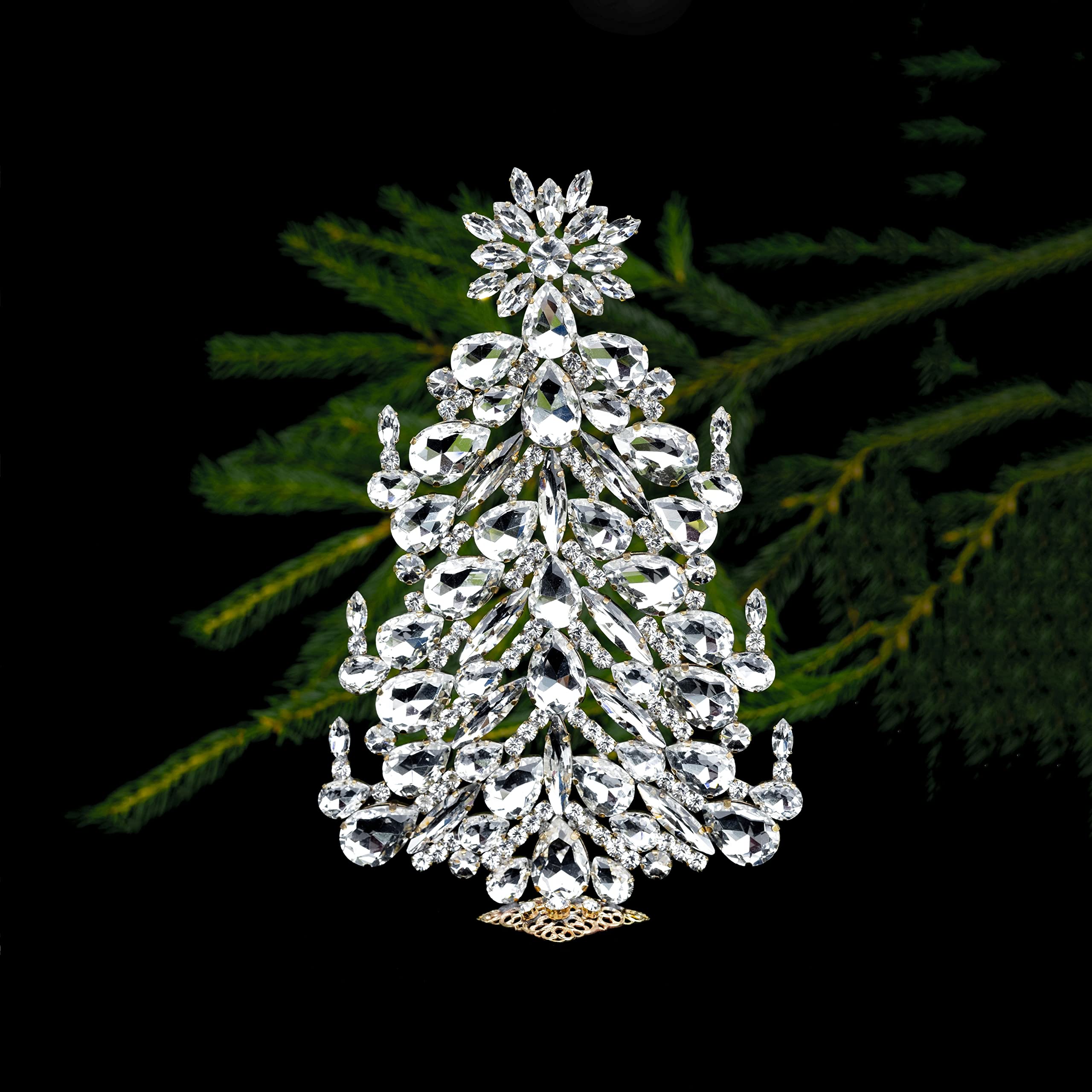 Handcrafted Clear Rhinestone Tabletop Christmas Tree with Candles & Star - Elegant Holiday Decor for Home, Office & Festive Parties