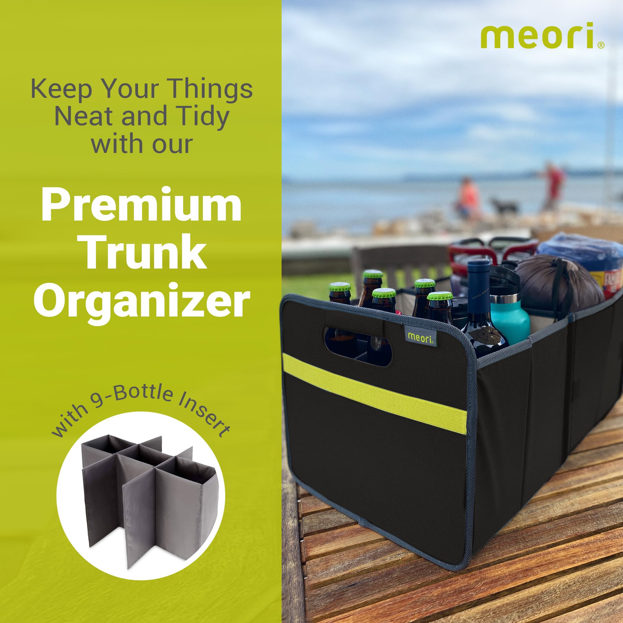 Meori Collapsible Car Trunk Organizer with Bottle Insert - 2 Compartments, Heavy Duty Mesh Pockets, Ripstop Fabric for Groceries, Road Trips & Travel Storage | Perfect for SUV, Minivan & Family Vehicles
