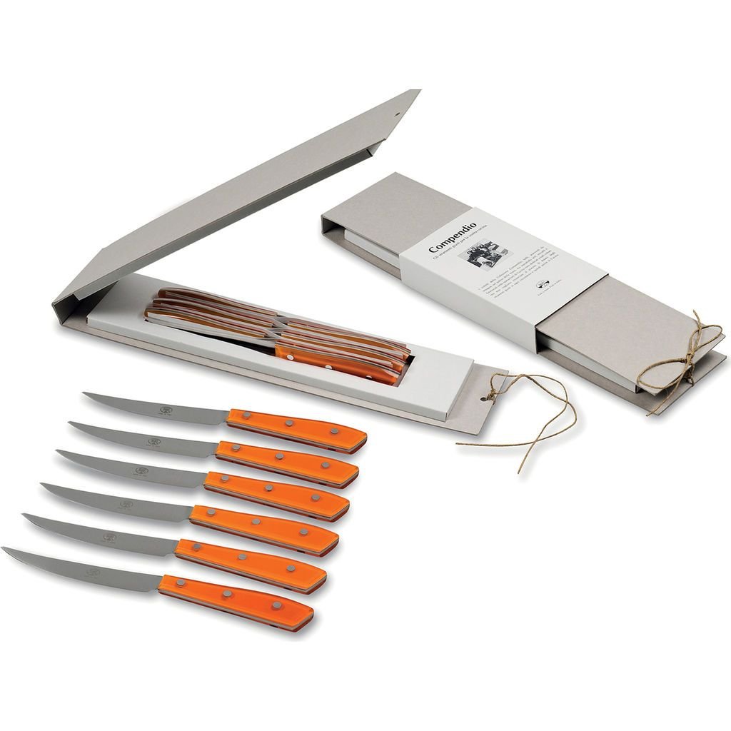 Premium Set of 6 Steak Knives with Orange Lucite Handles - Sharp Stainless Steel Blades for Steak Dinners, BBQ Parties & Fine Dining Experience