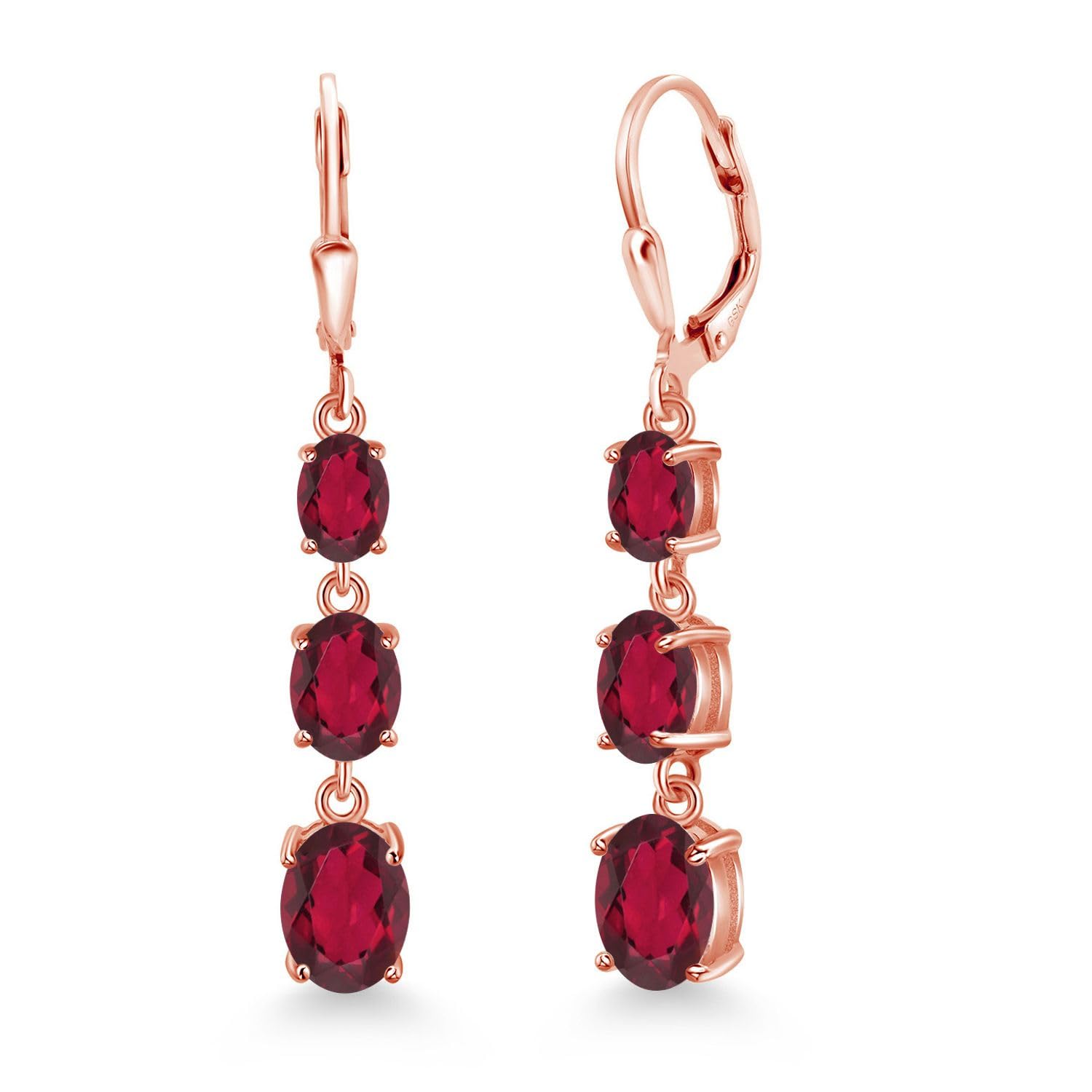 18K Rose Gold Plated Silver Gemstone Birthstone 3-Stone Drop Dangle Earrings for Women | Oval 8x6mm, 7x5mm & 6x4mm | Three Stone Leverback Earrings | Perfect for Birthdays, Anniversaries & Special Occasions