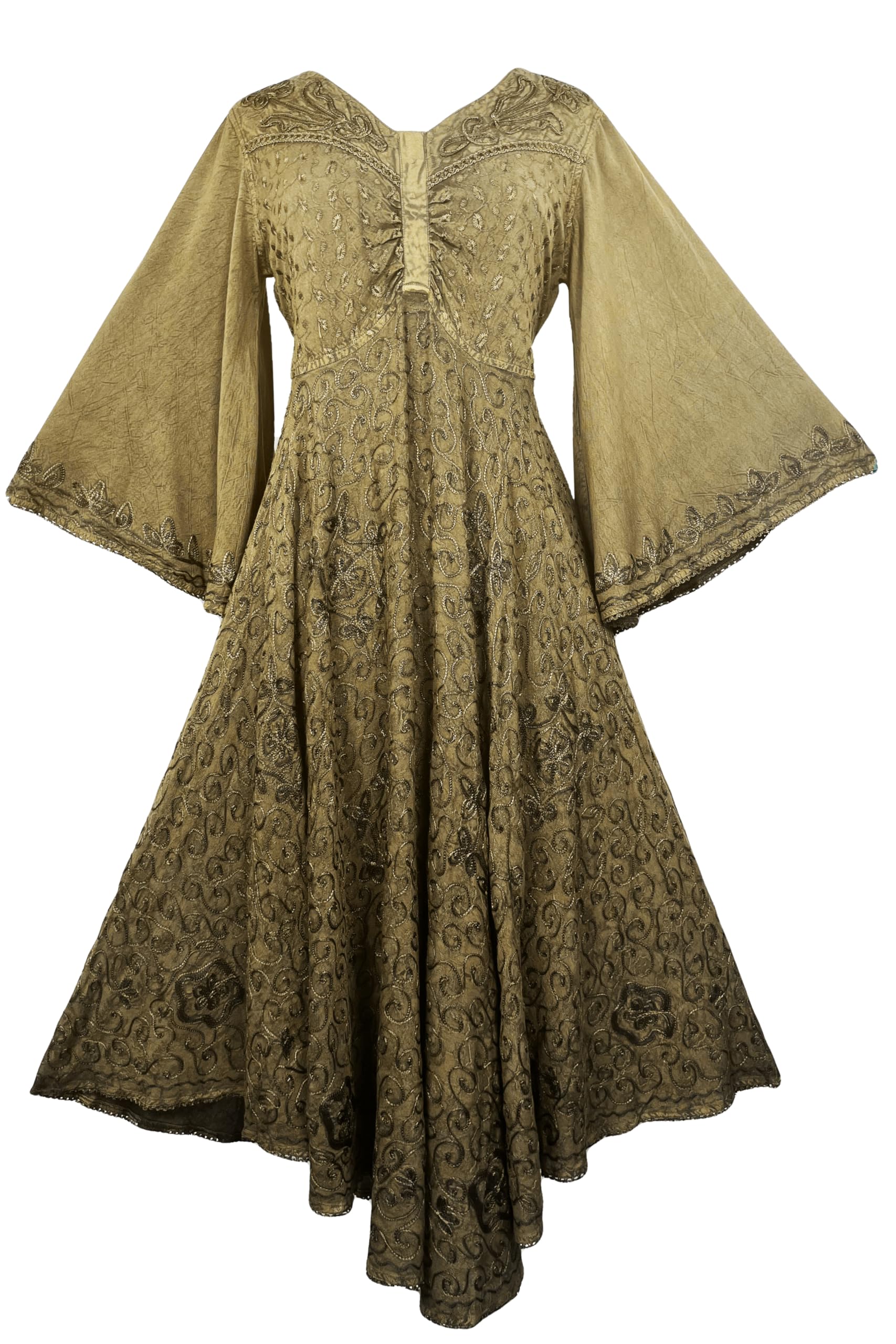 Agan Traders Women's 2025 Spring Bohemian Medieval Renaissance Embroidered Bell Sleeve Flared Calf-Length Dress Gown - Perfect for Renaissance Fairs, Weddings & Boho Fashion Events
