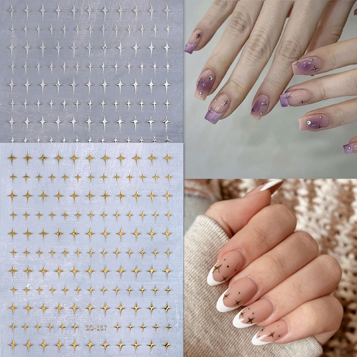 3D Glitter Star Nail Stickers - Self-Adhesive Nail Art Decals with Rhinestones (6Pcs, Gold/Silver/Black/White) | Perfect for Manicure, Nail Design & DIY Nail Art | Great for Parties, Weddings & Special Occasions