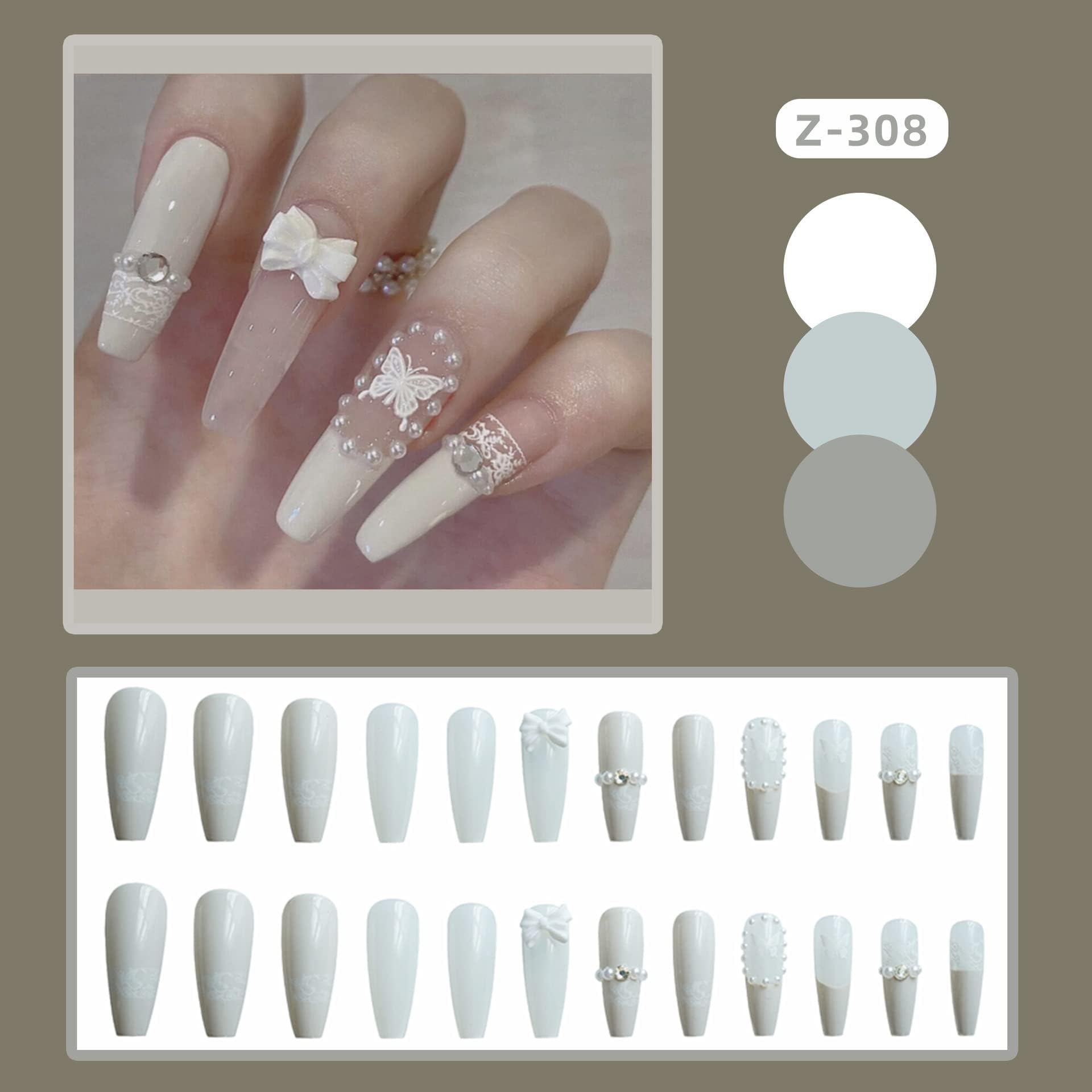 24-Piece Long Press-On Nails - French White Ballerina Style with Flash Diamond Crystals | Full Cover Acrylic Fake Nails with Rhinestones for Women & Girls | Perfect for Parties, Weddings, and Special Occasions