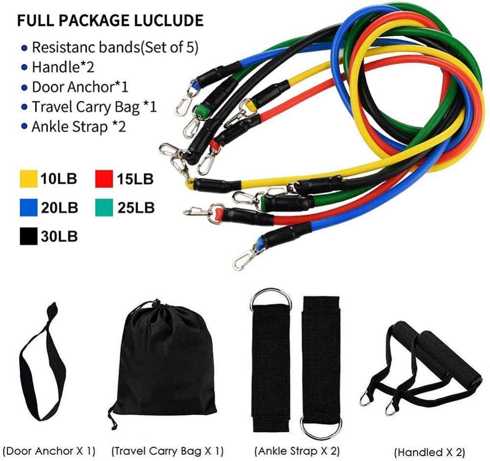 Premium 11-Piece Resistance Bands Set with 5 Stackable Exercise Bands, Door Anchors, 2 Foam Grips & Carrying Pouch - Perfect for Home Workouts, Gym Training, Yoga & Physical Therapy