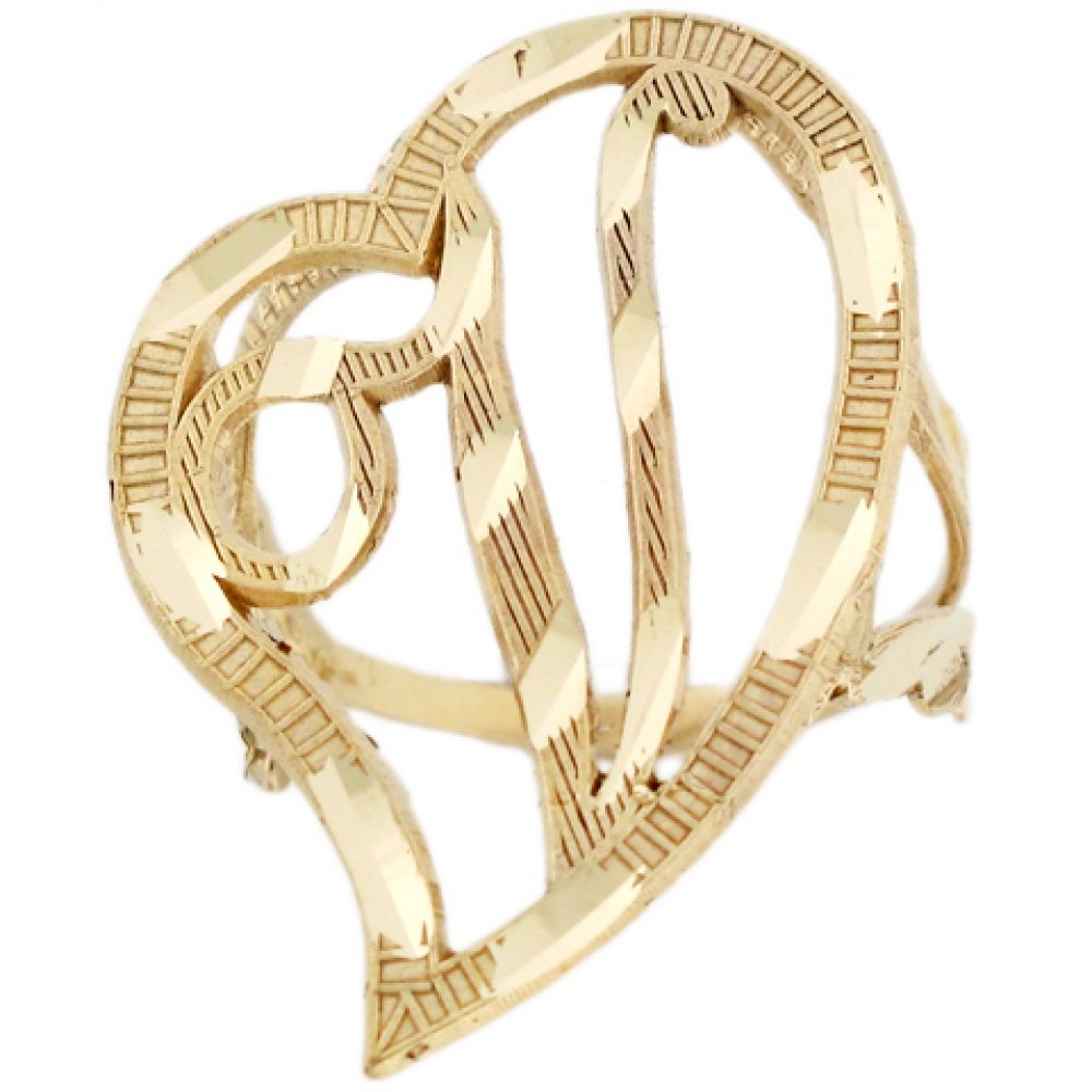10K Real Gold Large Heart Cursive Letter V Diamond Cut Initial Ring - Jewelry Liquidation Sale - Perfect for Valentine's Day Gifts, Anniversary Presents & Personalized Fashion Accessories