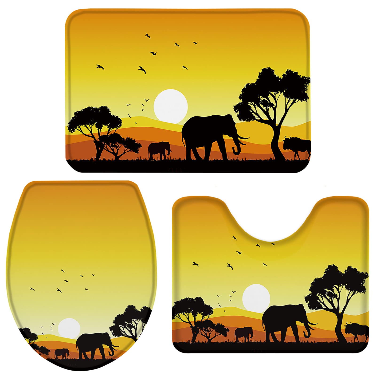 3-Piece Non-Slip Bathroom Rug Set with Elephant & Tree Design - Absorbent Shower Mat, Contour Mat & Toilet Cover - African Sunset Scenery Soft Bath Mats for Bathroom Safety & Decor