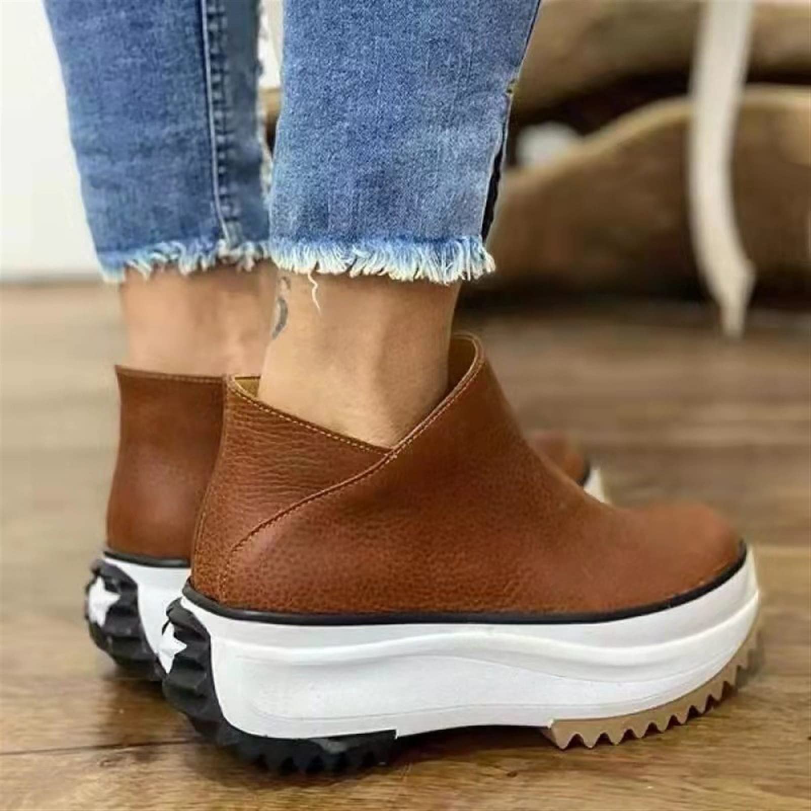 Women's Fashion Casual Short Boots - Low Top Flat Shoes with Thick Sole, Pull-On Design, Nude & Black Options | Perfect for Spring & Fall Outfits, Office Wear, and Daily Comfort (Size 7.5)