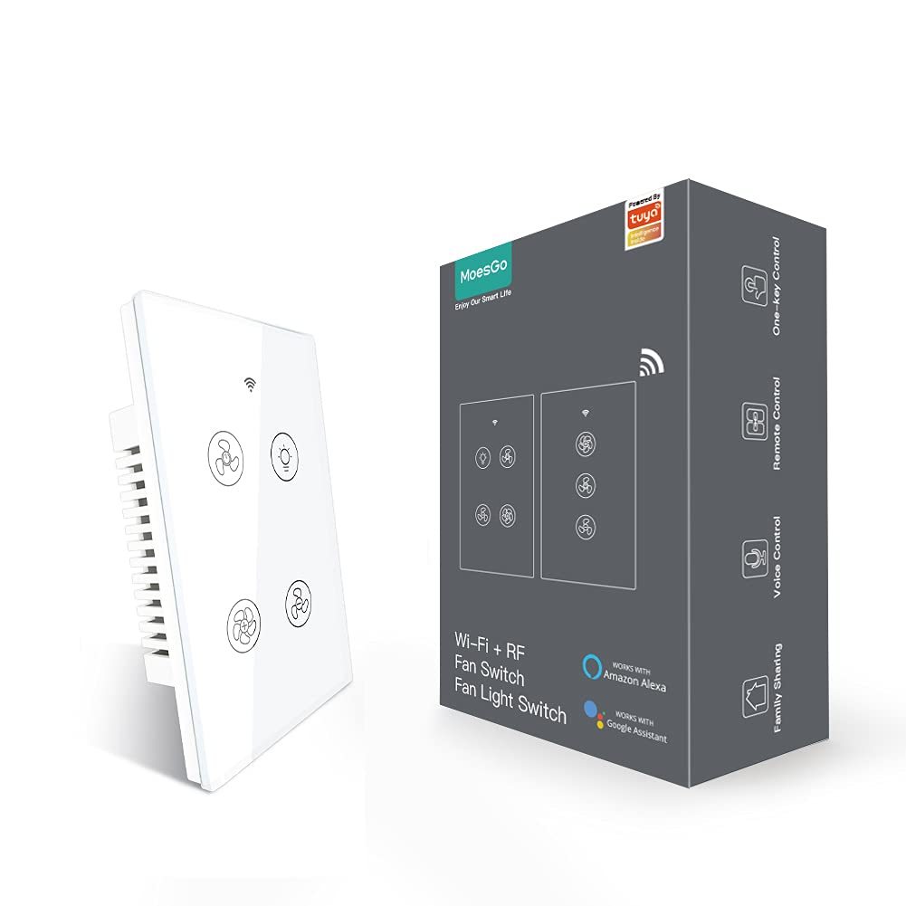 MoesGo WiFi RF Smart Ceiling Fan Light Switch - Compatible with Smart Life/Tuya App, Alexa & Google Home - Remote Speed Control - White - Perfect for Smart Home Automation & Bedroom/Living Room Lighting Control