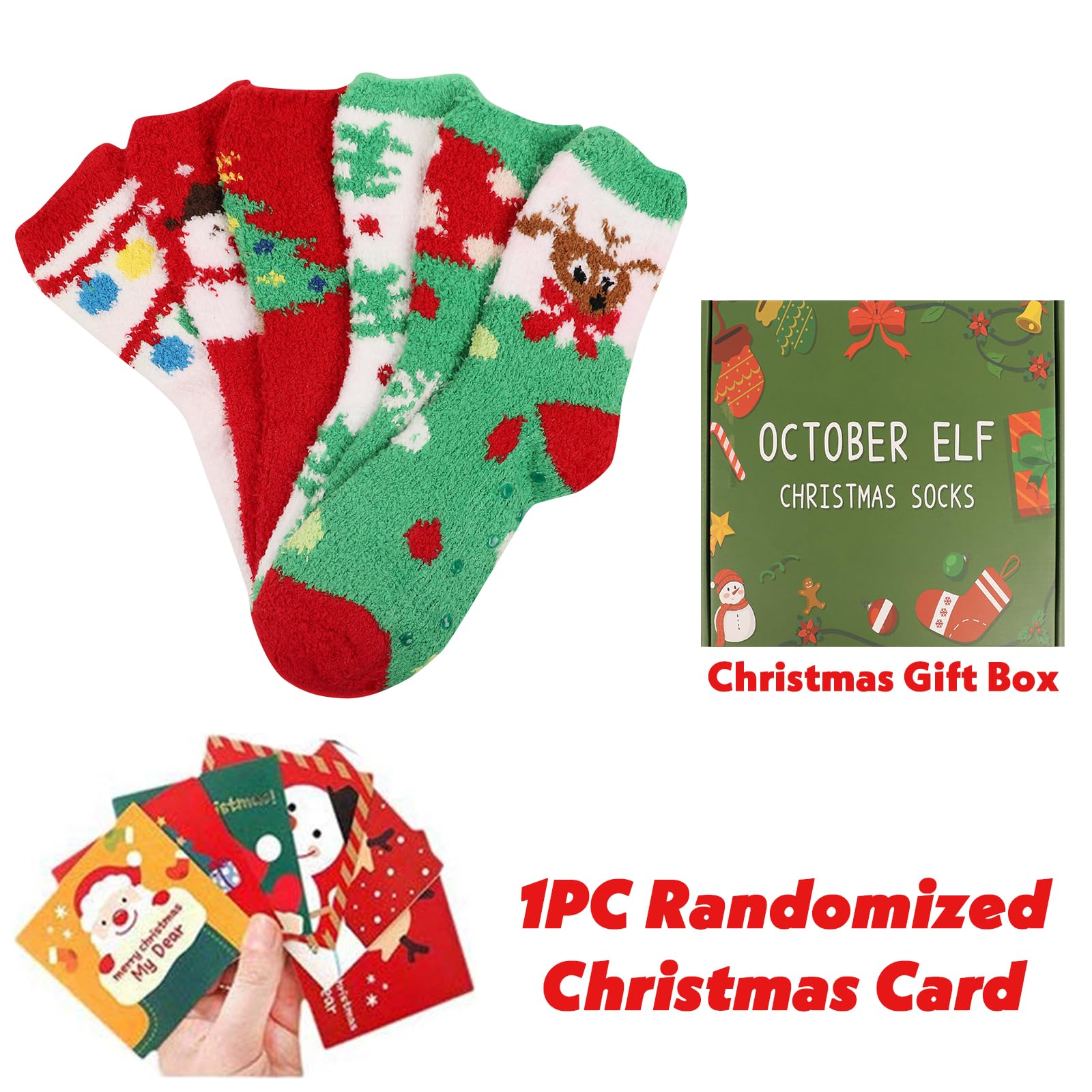 October Elf 6 Pairs Christmas Holiday Socks for Adults - Warm Winter Cozy Fuzzy Socks with Anti-Slip Bottom (Plus Size Available) - Perfect for Gifts, Parties & Cold Weather Comfort