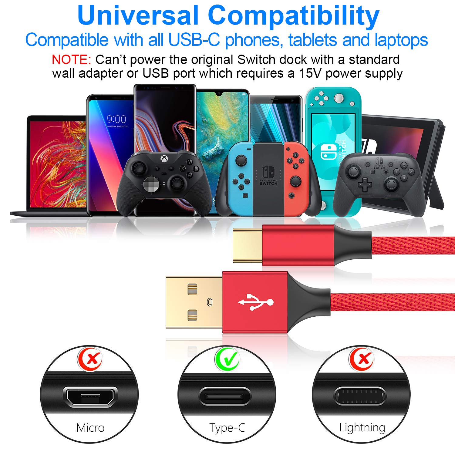 Premium 10FT Nylon Braided USB C to USB A Charger Cable 2-Pack - Fast Charging Cord for Nintendo Switch, Switch Lite, OLED, Xbox Elite Series 2, Samsung Galaxy S10/Note 9, Google Pixel - Durable Charging Solution for Gaming & Mobile Devices