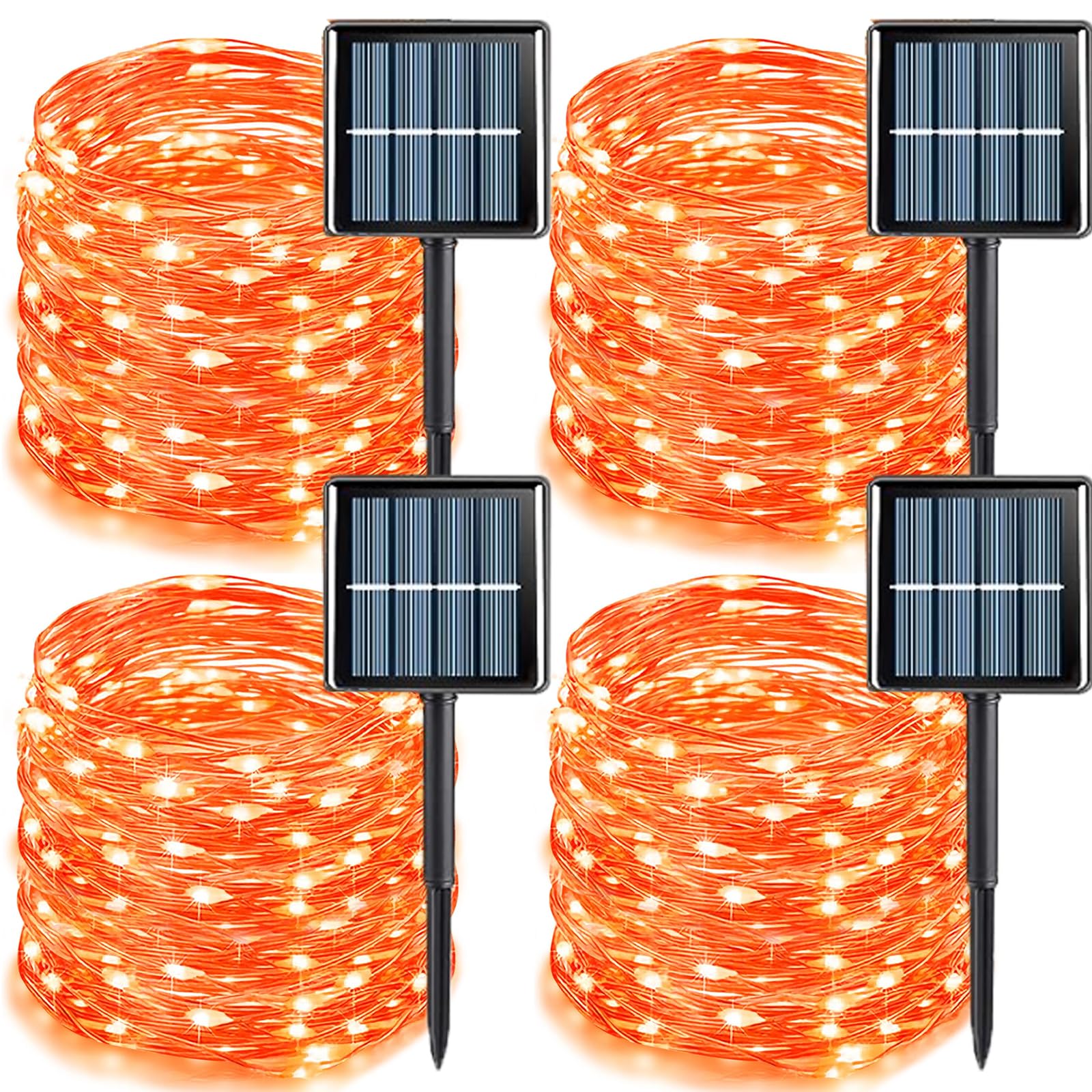 YEGUO 4 Pack Orange Solar Halloween Lights Outdoor Waterproof - 33ft 100 LED Solar Fairy Lights with 8 Modes | Perfect for Halloween Decorations, Garden, Patio, and Party Lighting