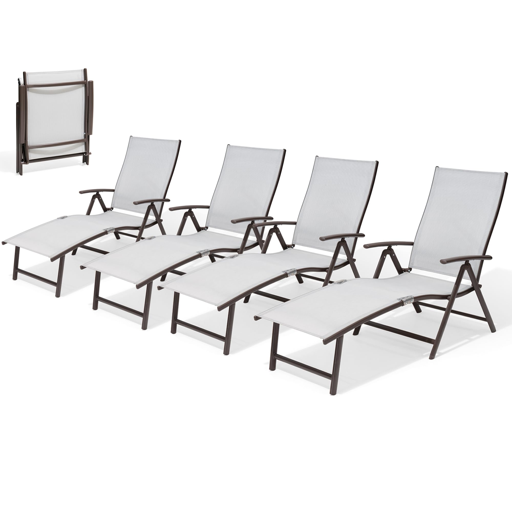 Pellebant 4-Piece Outdoor Chaise Lounge Set - Adjustable Aluminum Pool Lounge Chairs with Foldable Design & Footrest - Light Grey Patio Furniture for Backyard, Beach, Poolside, Deck & Garden Relaxation