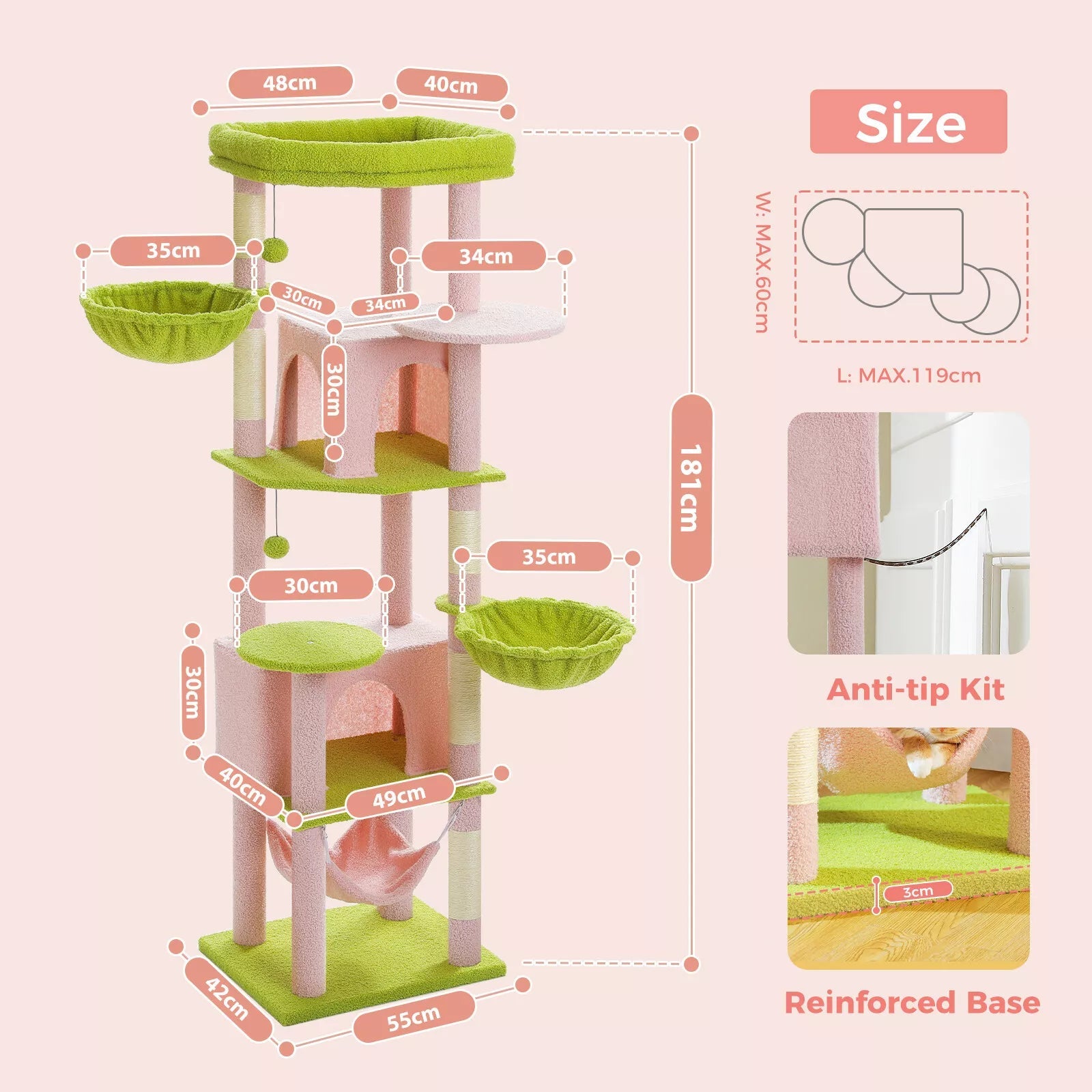 Large 181cm Cat Condo for Indoor/Outdoor Use - Pink & Green Pet Playhouse with Scratching Posts | Perfect for Gardens, Patios & Home Decor