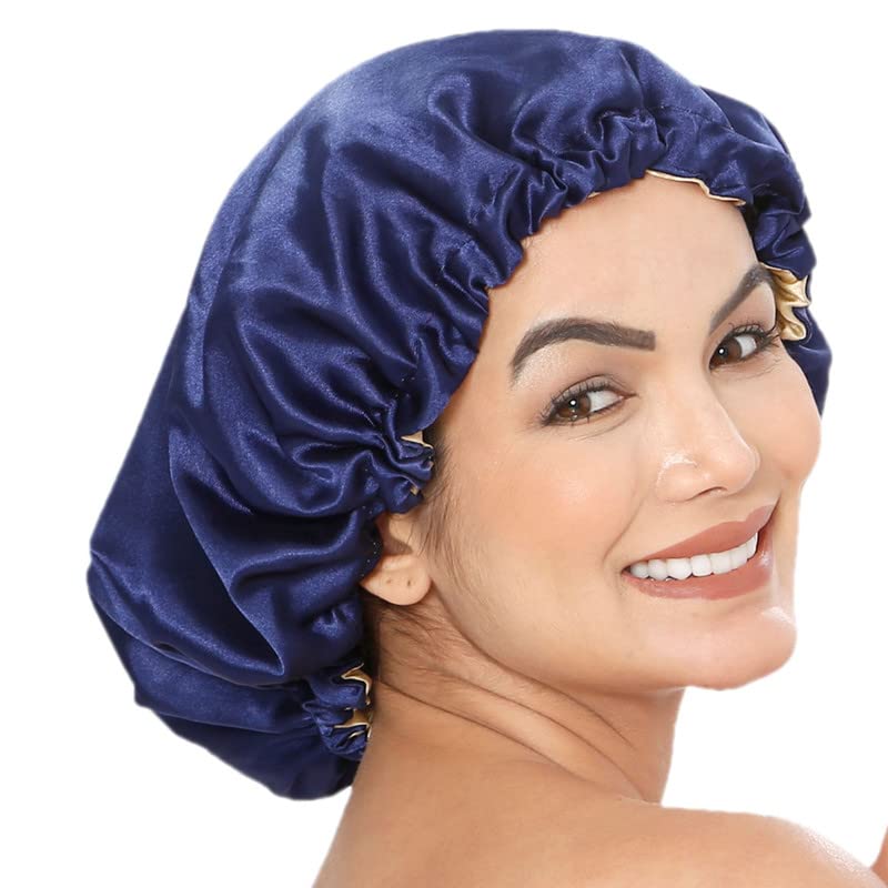 Reversible Satin Bonnet for Women - Adjustable Sleep Cap for Hair Protection & Comfort - Old Tree Design (Blue & Gold) - Perfect for Nighttime Hair Care & Travel Accessories