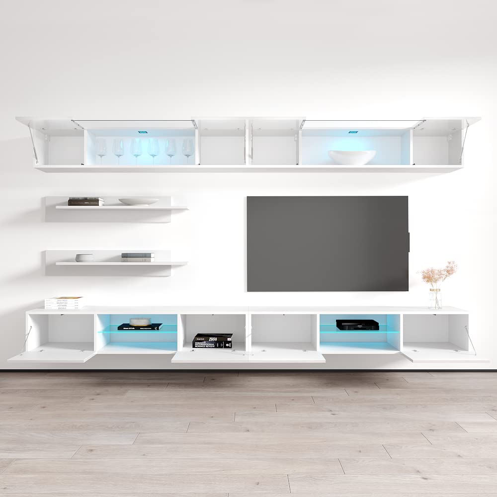 Modern White Wall-Mounted TV Stand with Storage Shelves & LED Lights - Floating Entertainment Center Console for Living Room & Bedroom - Space-Saving I3 33TV Media Unit - Perfect for Small Apartments, Home Theaters, and Stylish Decor