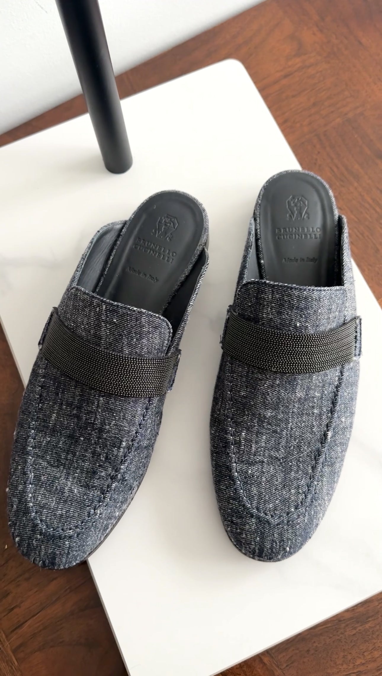 Brunello Cucinelli Women's Denim Monili Bead Flat Slipper Mules - Size 38.5 / 8 - Comfortable Casual Shoes for Home, Office & Summer Outings