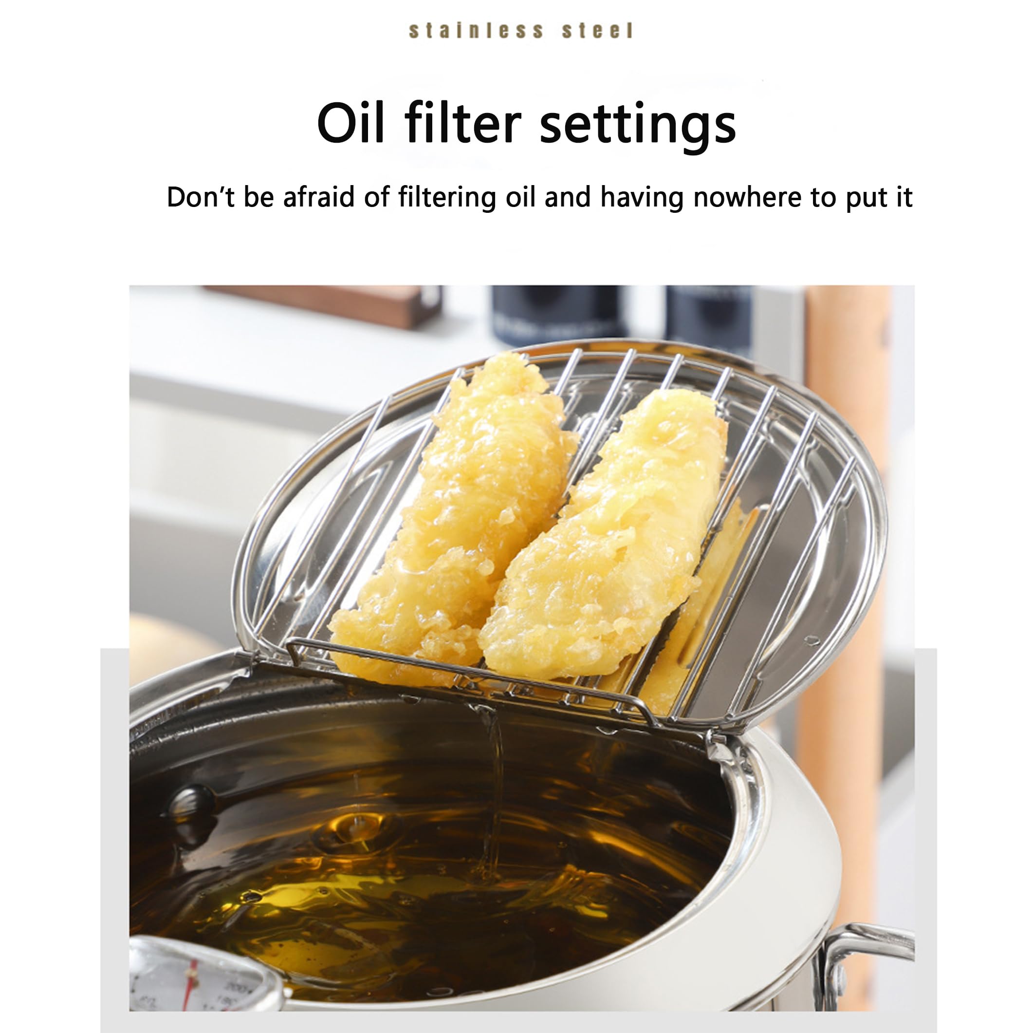 Japanese Style Tempura Deep Fryer Pot with Thermometer, Lid & Oil Drip Rack - 7.9 Inch 2.2L 304 Stainless Steel for French Fries, Fish, Shrimp, Chicken - Perfect for Home Kitchen, Restaurants & Party Cooking