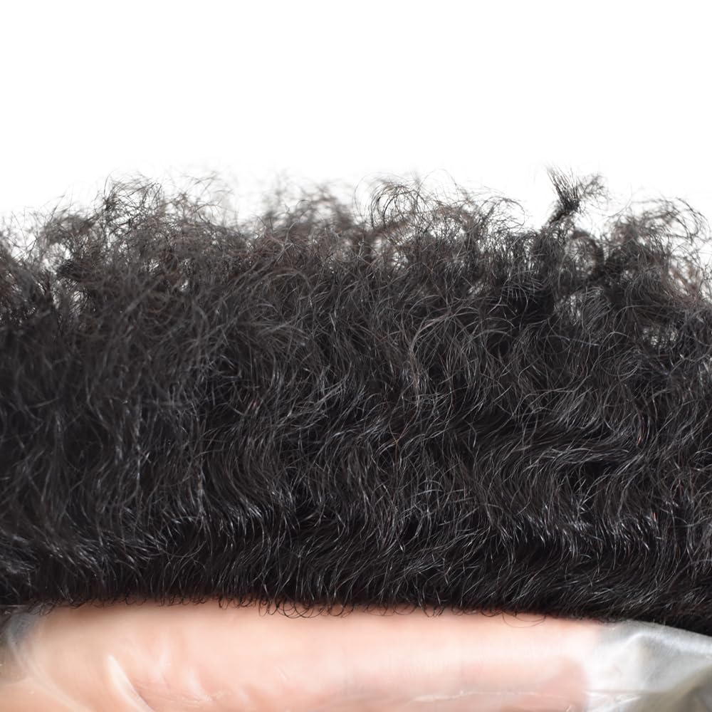 10x8 Afro Curly Men's Toupee - Full Poly African American Human Hair System for Black Men | Kinky Curly Wig Replacement (Afro Wavy 10mm, Jet Black) | Perfect for Daily Wear, Cosplay & Hair Loss Solutions