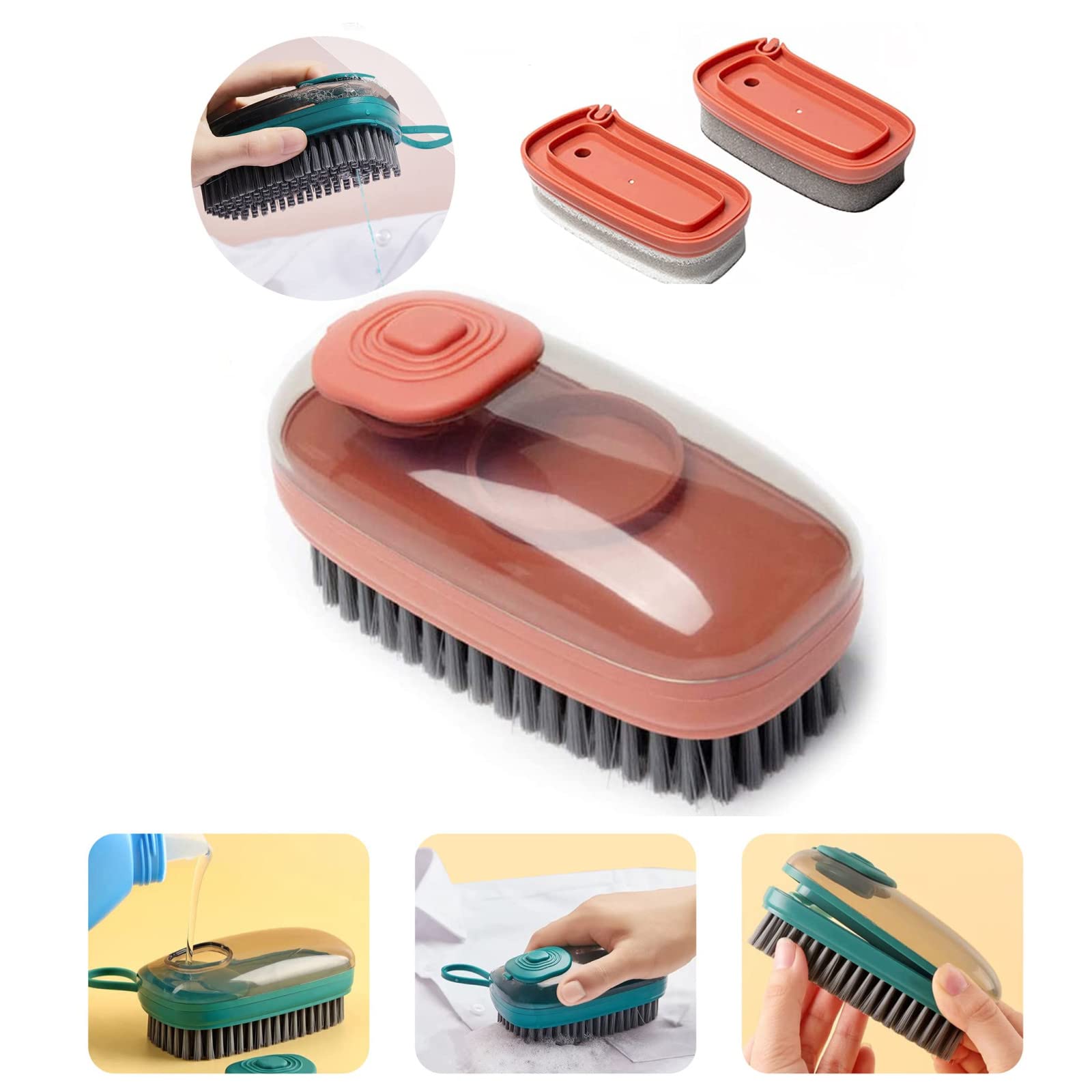 Heavy Duty Hydraulic Cleaning Brush - Multi-Purpose Kitchen Scrubber with Dish Soap Dispenser, Non-Scratch Scouring Pad & Emery Sponge - Perfect for Pots, Pans, Dishes & Household Cleaning (Orange) - Ideal for Deep Cleaning Stubborn Grease & Food Residue