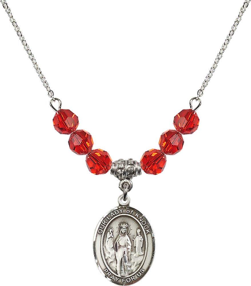 Bonyak Jewelry 18 Inch Rhodium Plated Necklace with 6mm Red July Birthstone Beads & Our Lady of Knock Charm - Perfect for Birthdays, Anniversaries, and Religious Gifts