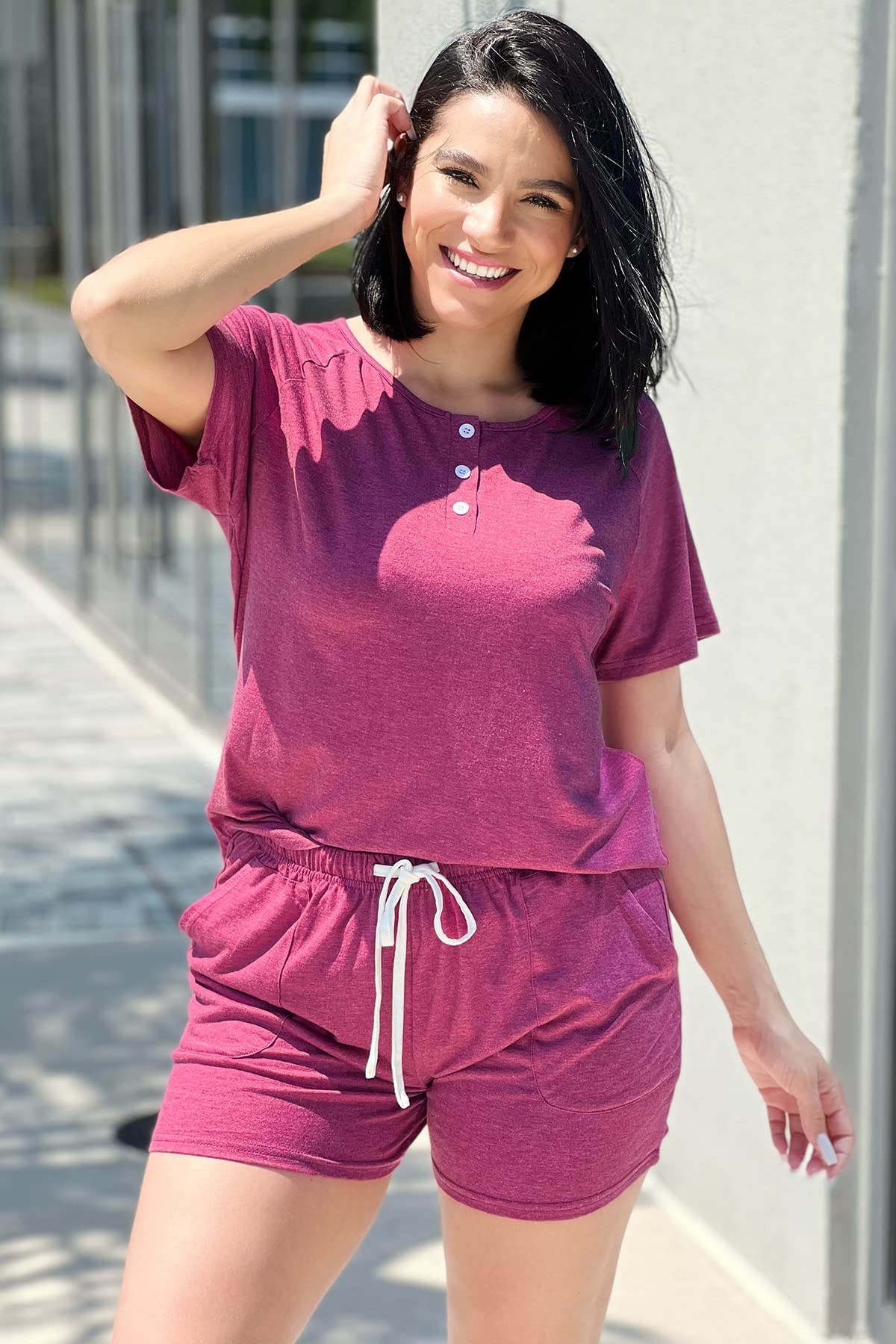 WIHOLL Women's 2-Piece Lounge Set - Button Down Top & Shorts with Pockets | Comfortable Sweatsuit for Home, Travel & Casual Wear