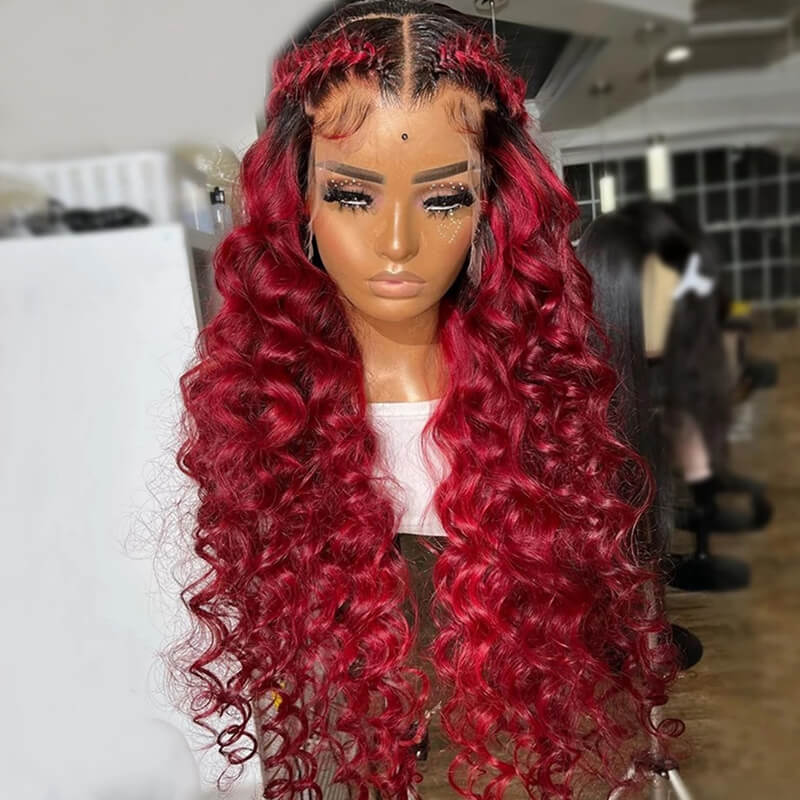 Eullair Ombre 1B/99J Burgundy Loose Wave Human Hair Wig with Lace Frontal for Women - Natural Looking Wigs for Daily Wear, Parties & Special Occasions