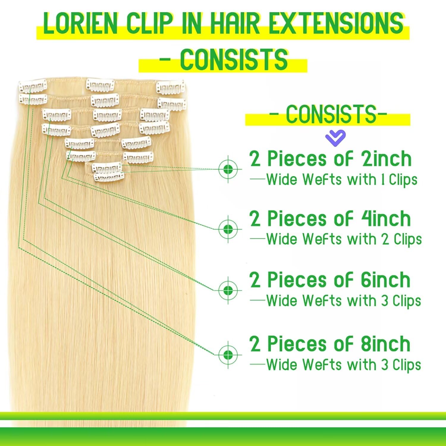 LORIEN 16 Inch 90g Clip-in Human Hair Extensions - 100% Brazilian Remy Human Hair (613 Bleach Blonde) - 8 Piece Set with 18 Double Weft Clips - Perfect for Volume, Length & Styling for Parties, Weddings & Daily Wear