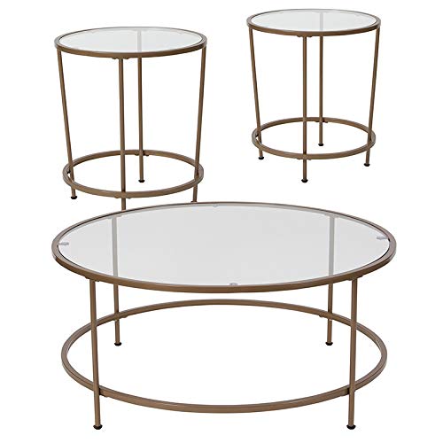 StarSun Depot Astoria Collection 3-Piece Coffee Table and End Table Set with Tempered Glass Tops & Matte Gold Metal Frames - Modern Living Room Furniture (19.5