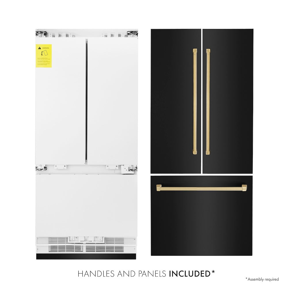 ZLINE Autograph Edition 36 Inch 19.6 Cu Ft French Door Built-In Bottom Freezer Refrigerator with Water Dispenser & Ice Maker - Black Stainless Steel with Polished Gold Accents (RBIVZ BS 36 G) - Perfect for Modern Kitchens & Luxury Homes