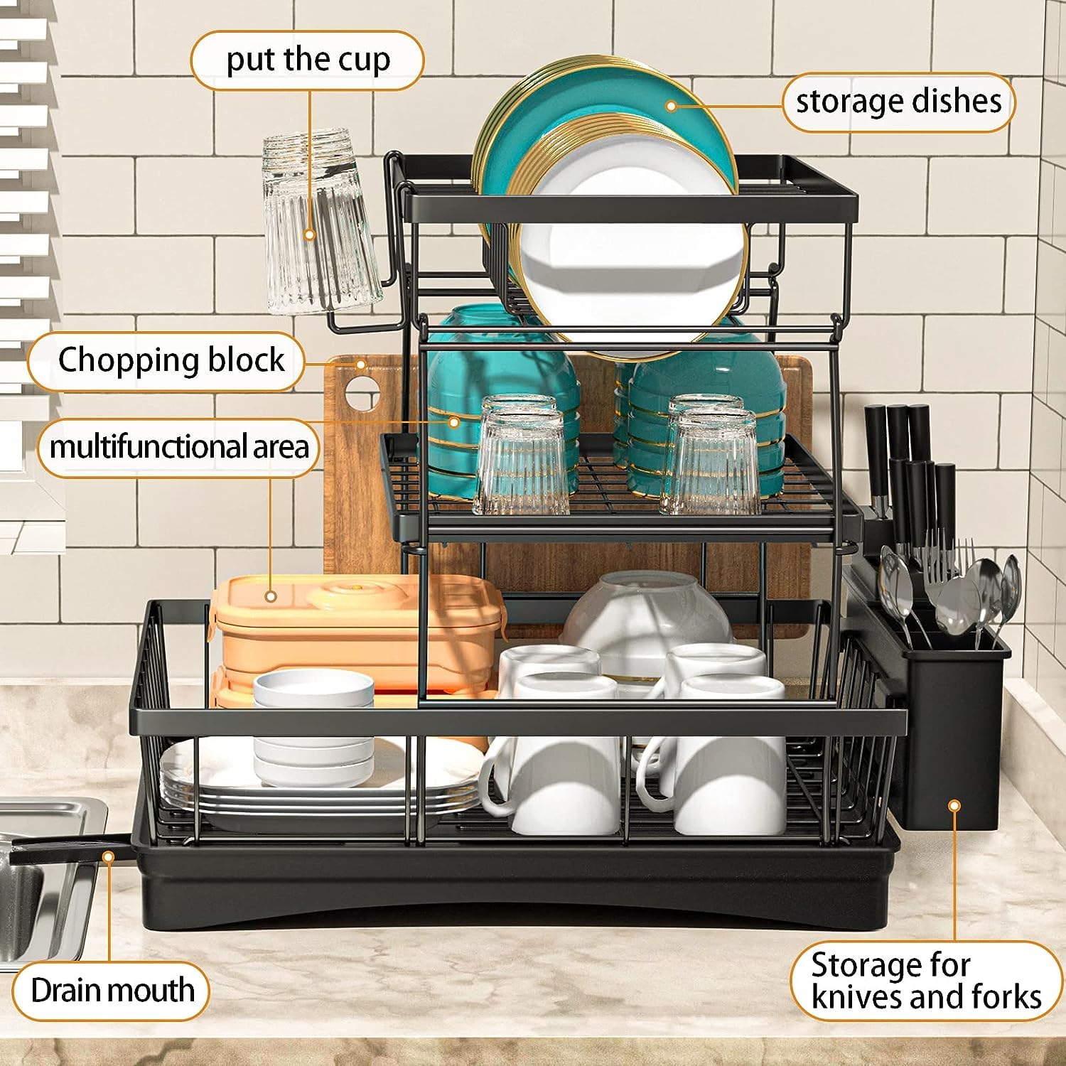 NYTRYD 2-Tier Carbon Steel Dish Drying Rack with Drainboard - Large Space Saving Kitchen Organizer for Plates, Cups & Utensils - Perfect for Small Kitchens, Apartments & RV Use
