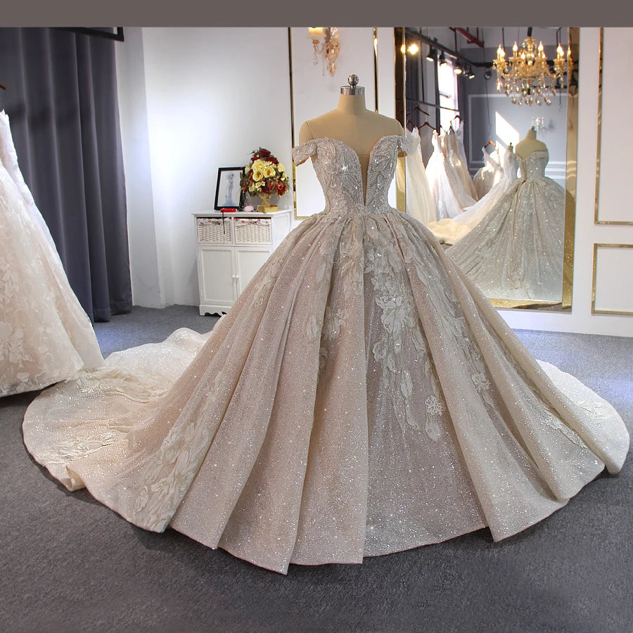 Elegant Off Shoulder Beaded Wedding Gown with Long Train - Perfect for Bridal Ceremonies, Vow Renewals & Formal Events